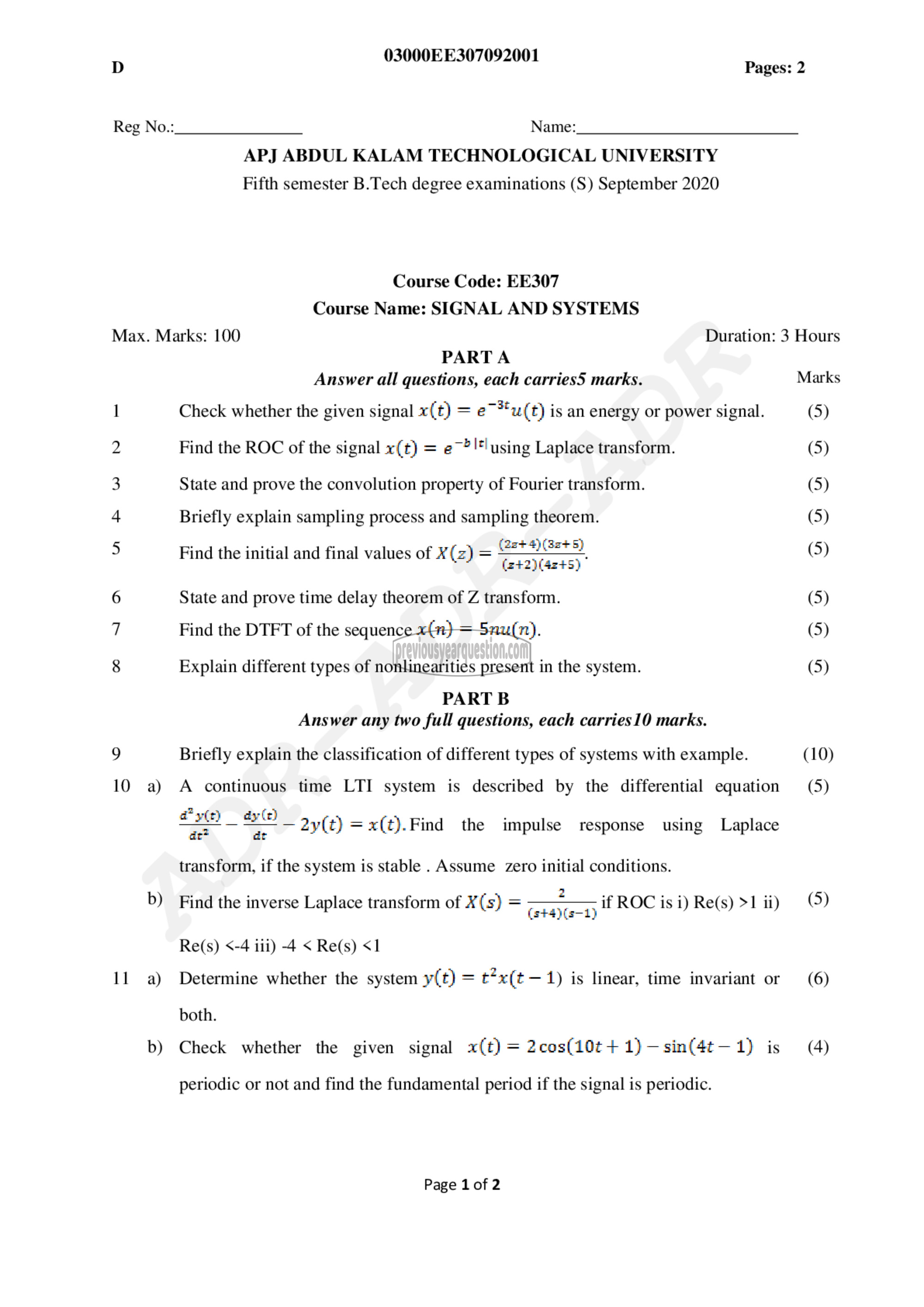 Question Paper - Signals and Systems-1