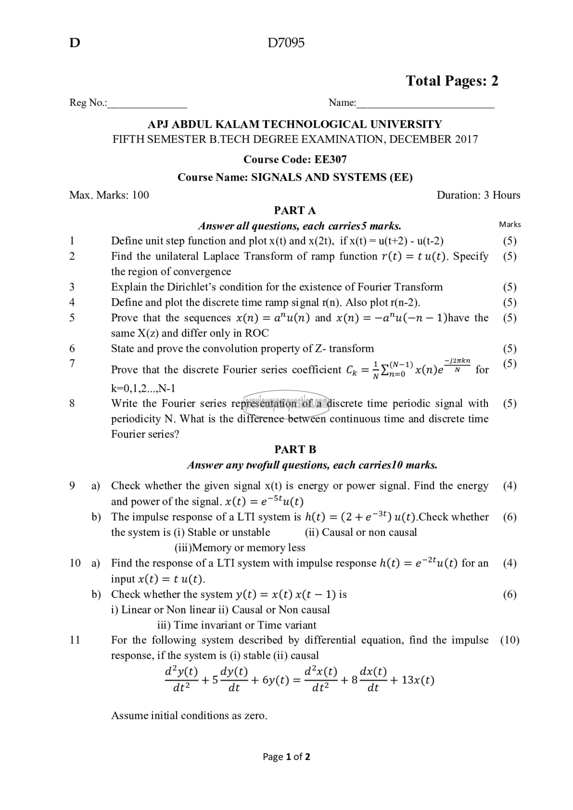 Question Paper - Signals and Systems-1