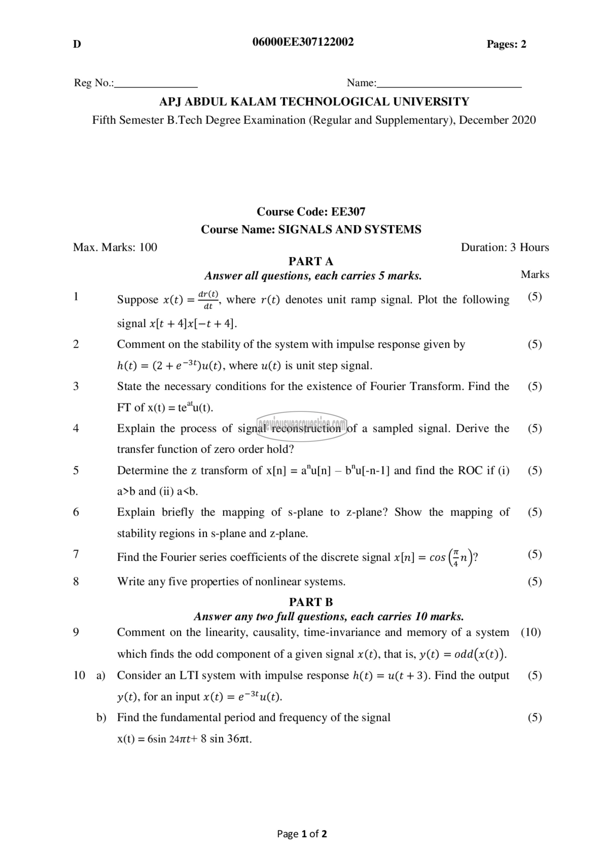 Question Paper - Signals and Systems-1