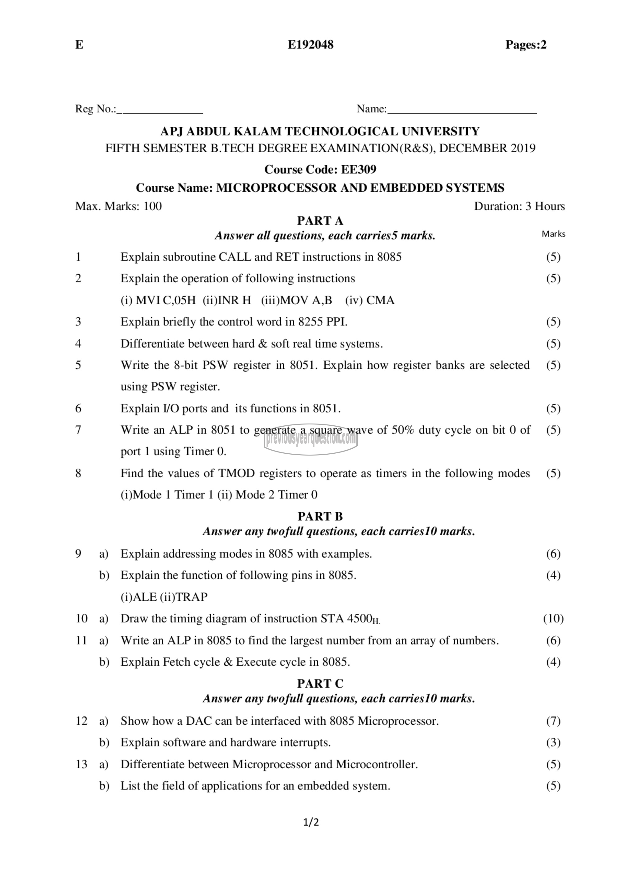 Question Paper - Microprocessor and Embedded Systems-1