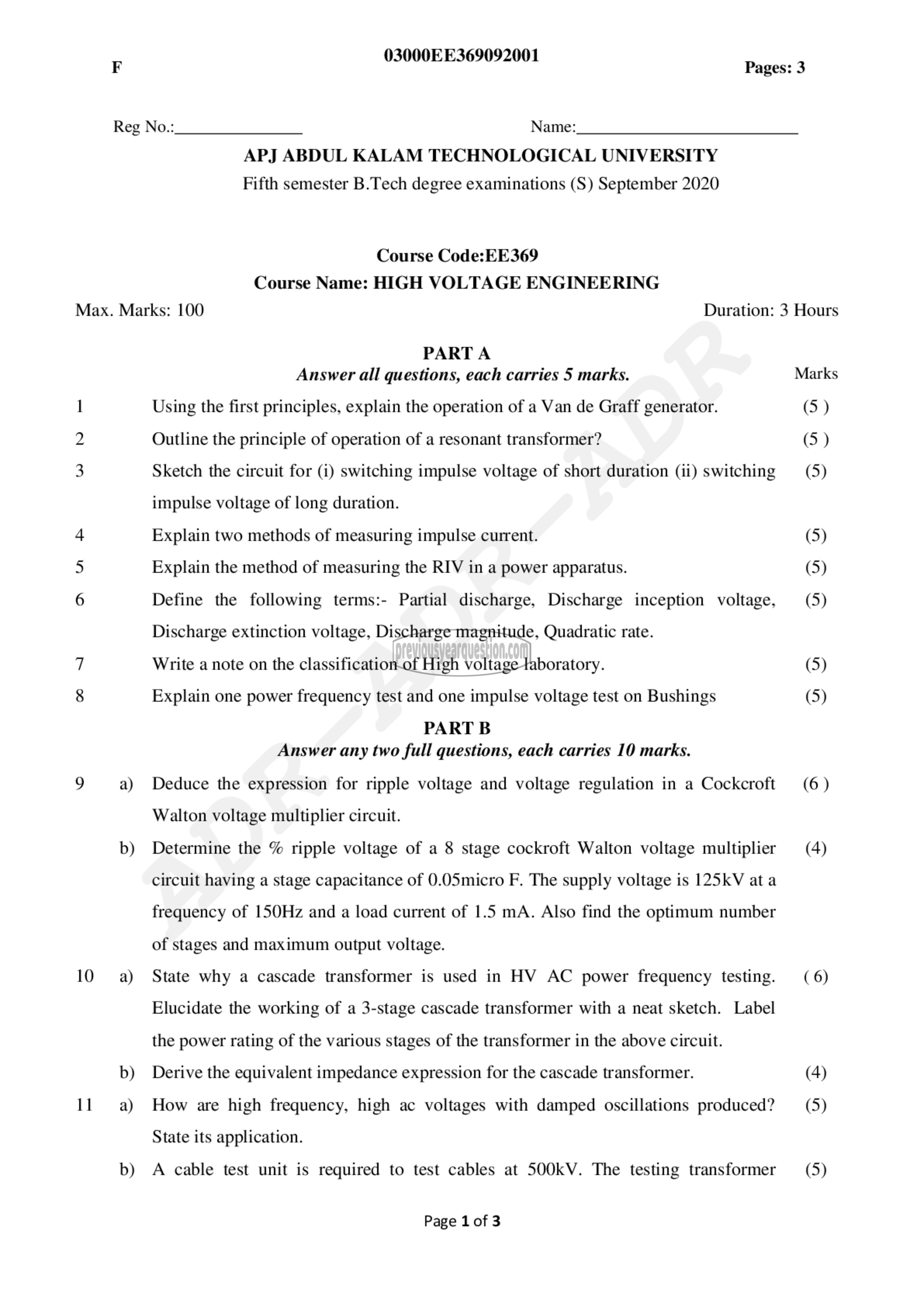 Question Paper - High Voltage Engineering-1