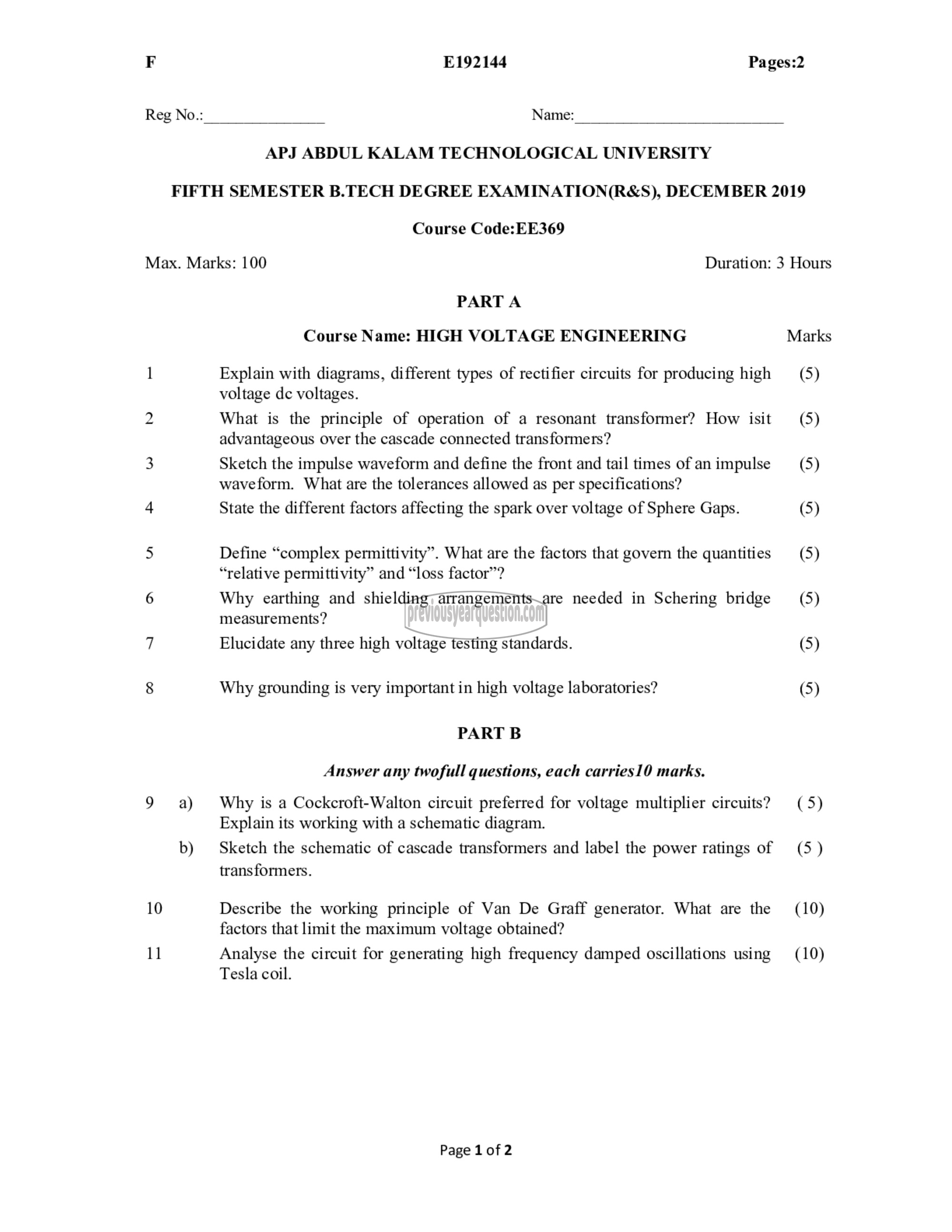 Question Paper - High Voltage Engineering-1