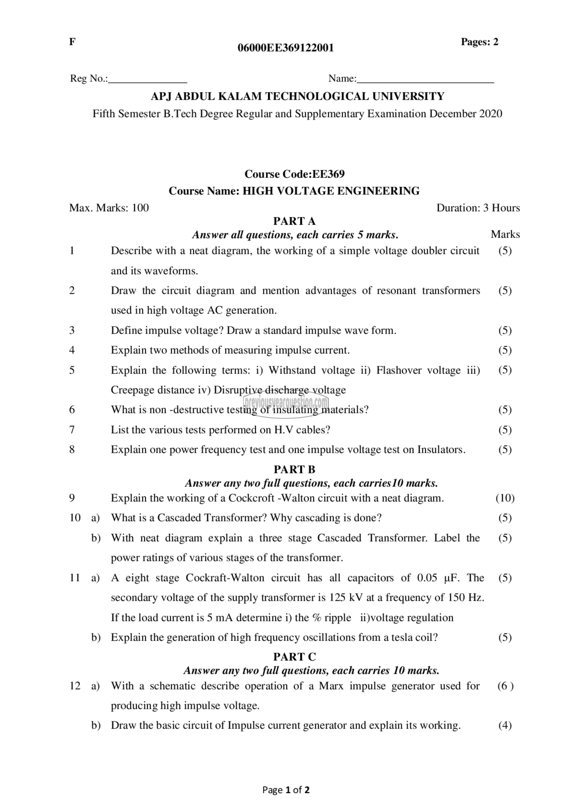 Question Paper - High Voltage Engineering-1