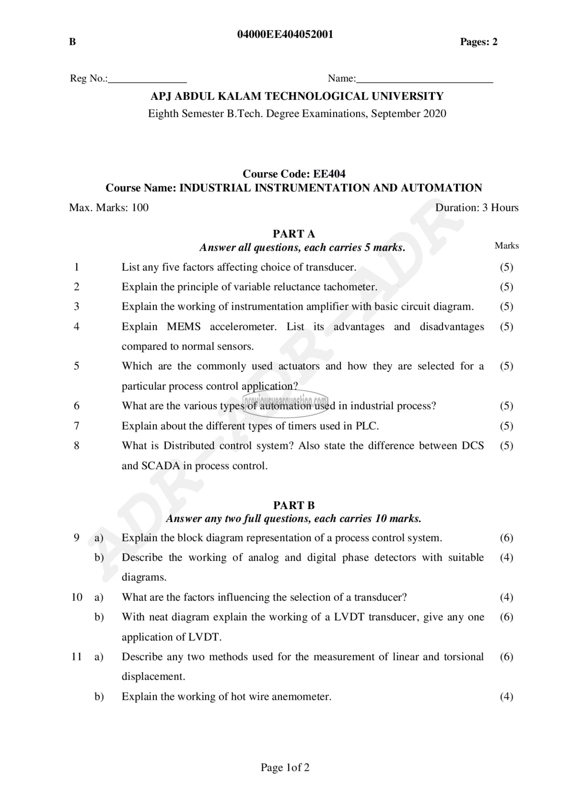 Question Paper - Industrial Instrumentation &Automation-1