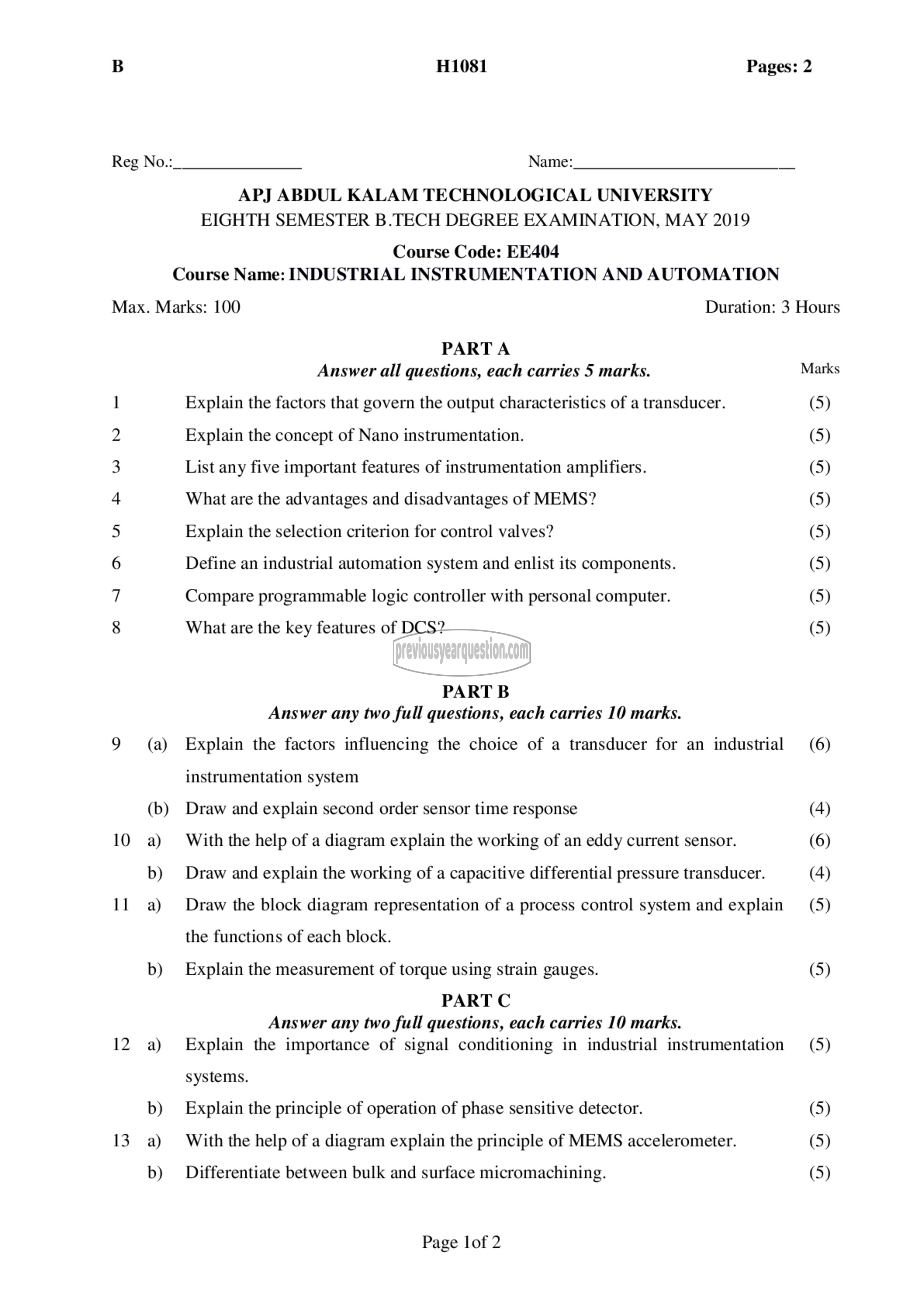 Question Paper - Industrial Instrumentation &Automation-1