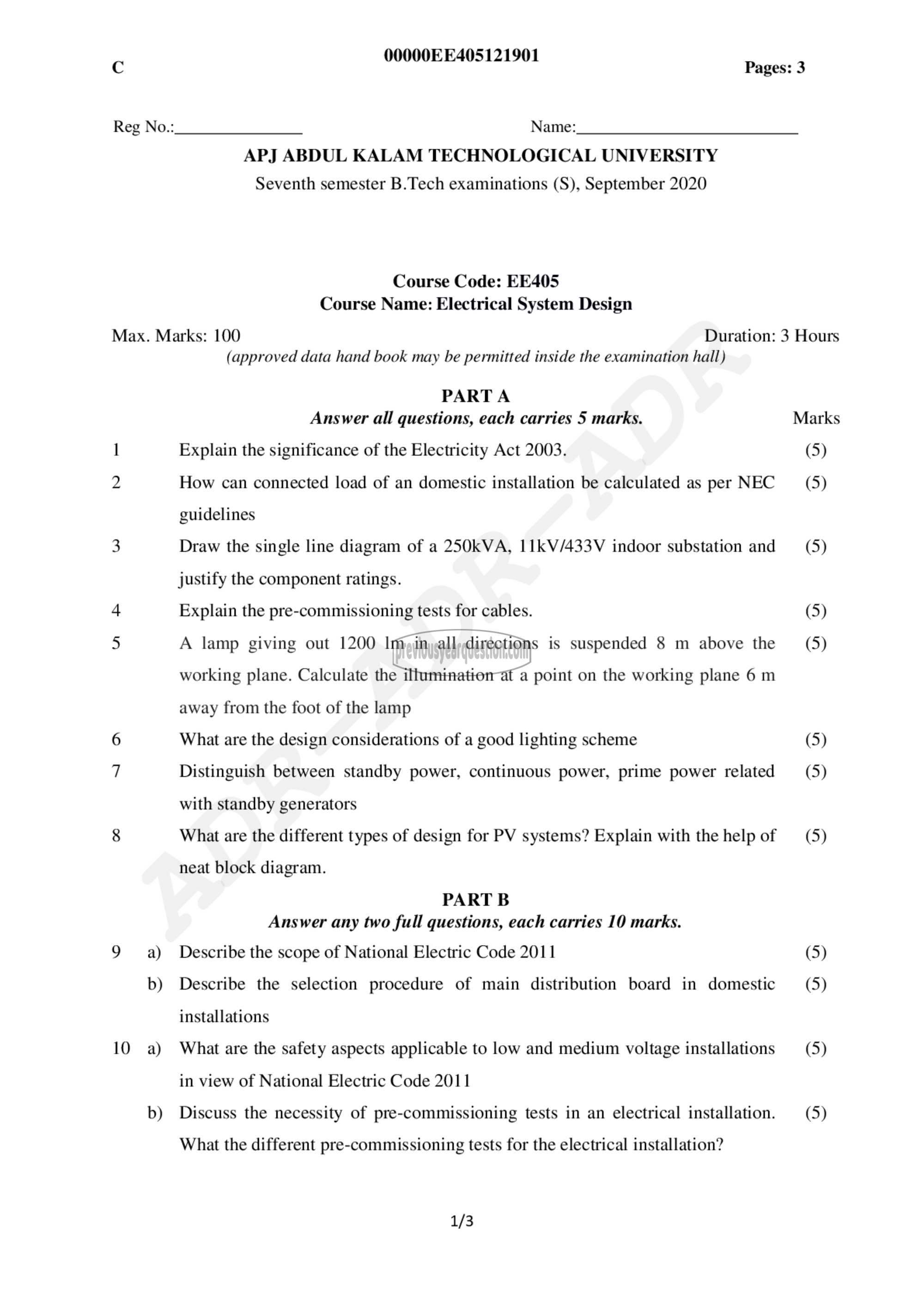 Question Paper - Electrical system design-1