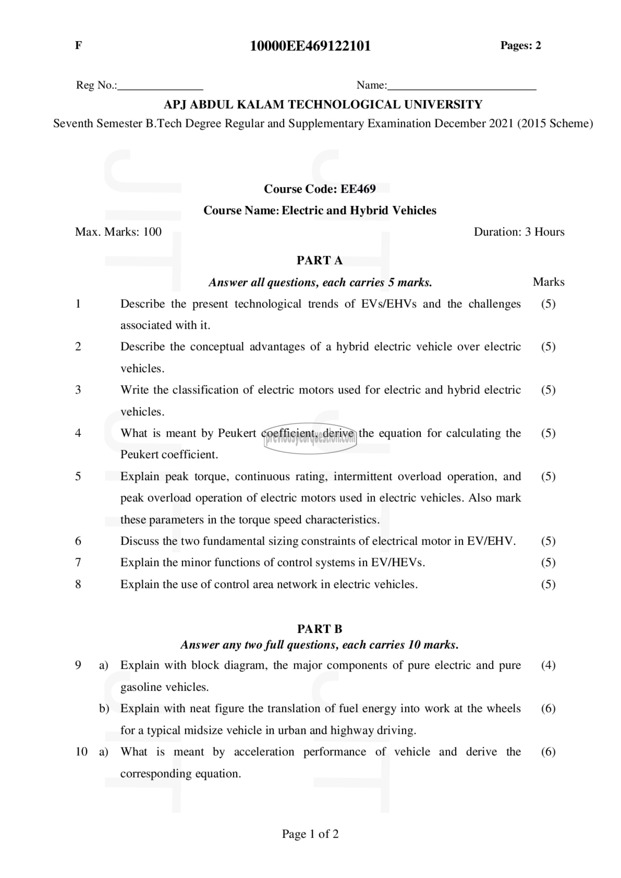 Question Paper - Electric and Hybrid Vehicles-1