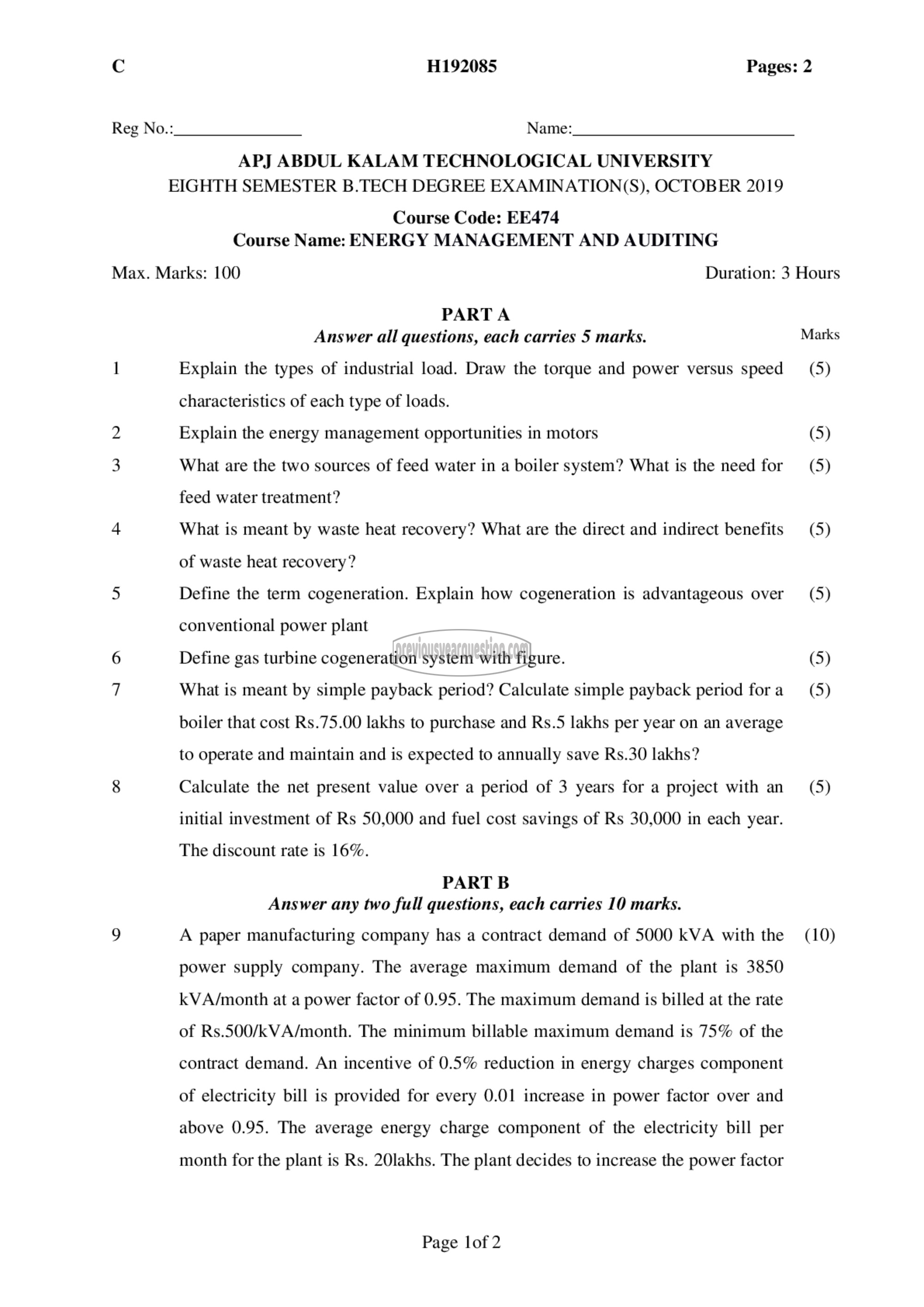 Question Paper - Energy Management and Auditing-1