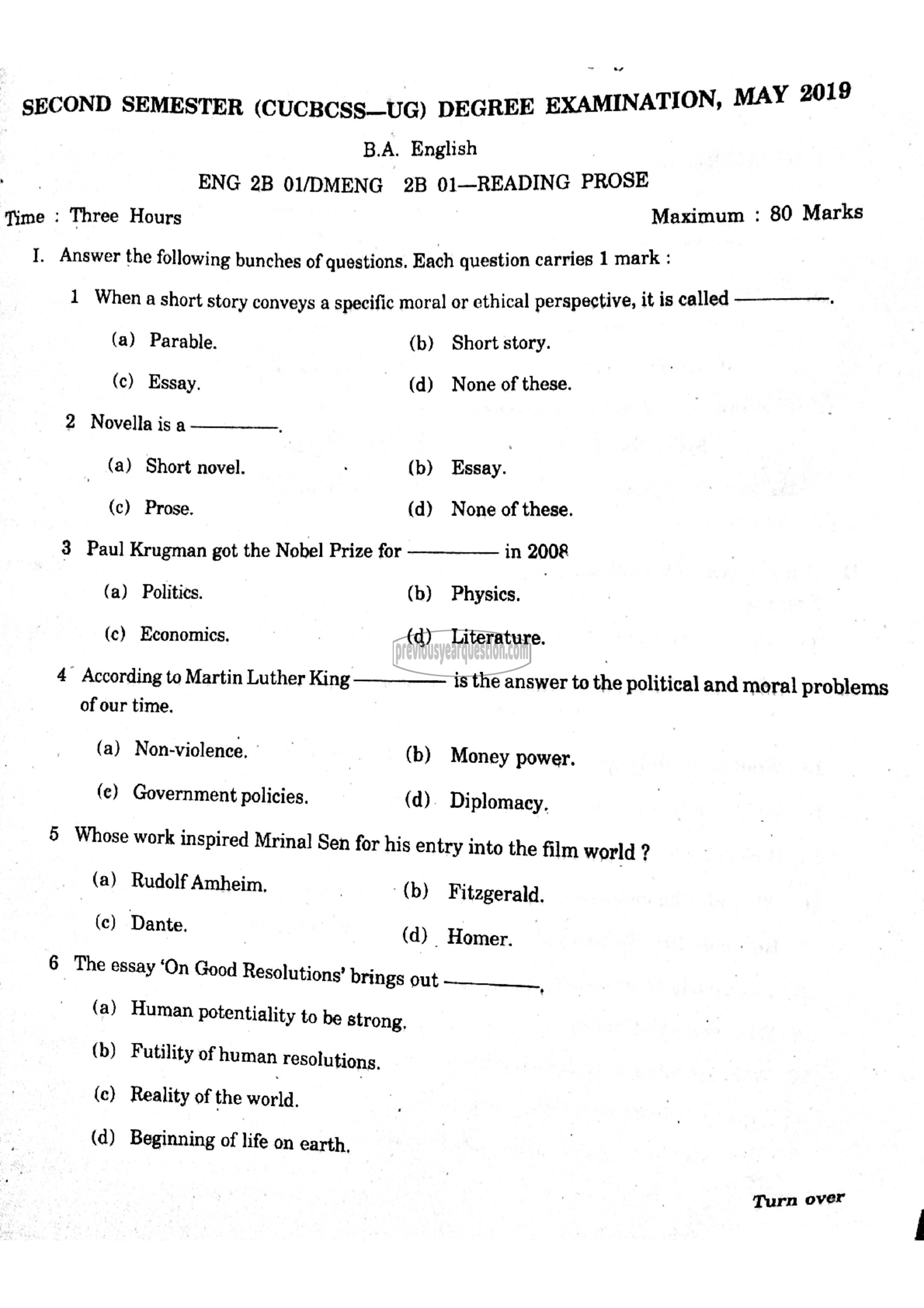 Question Paper - Reading Prose-1