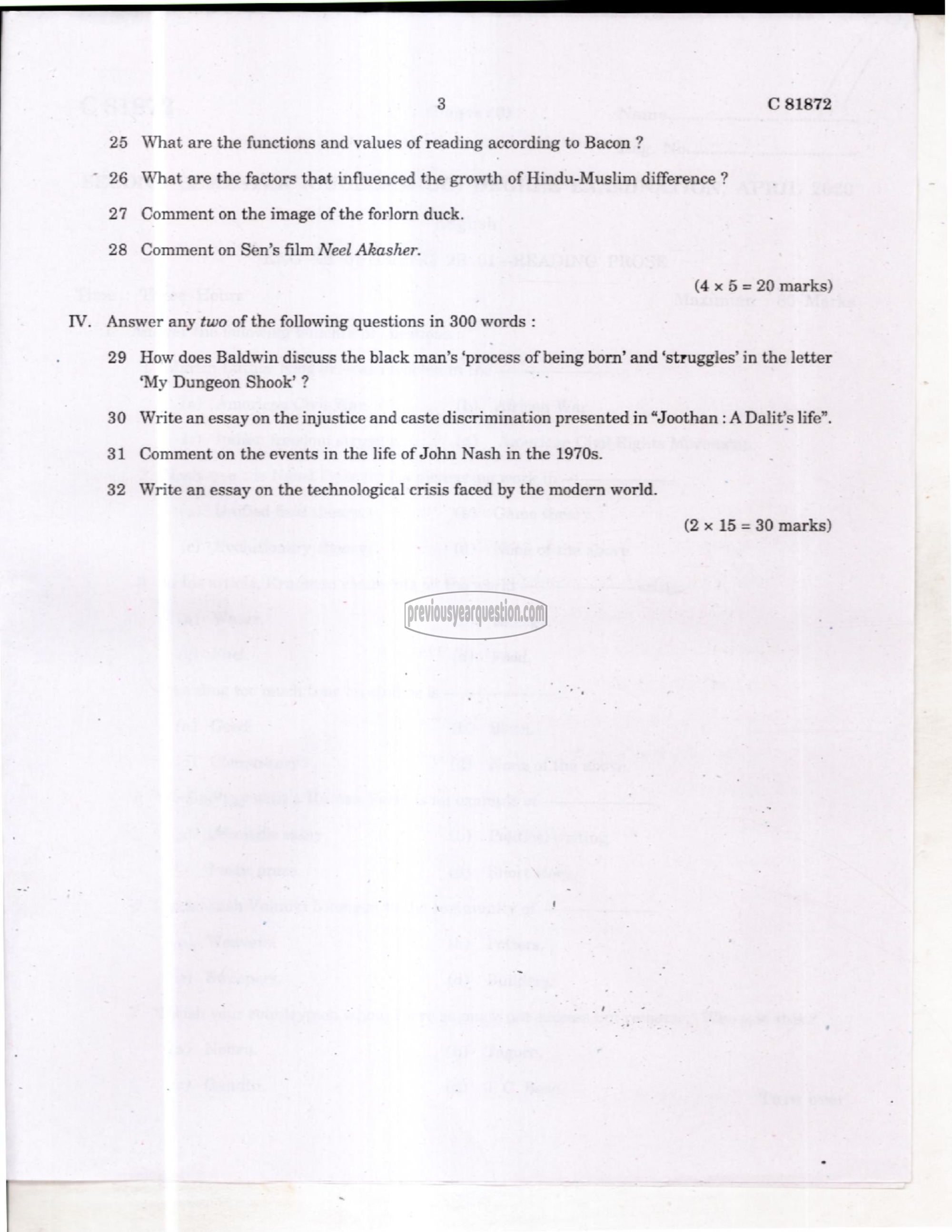 Question Paper - Reading Prose-3