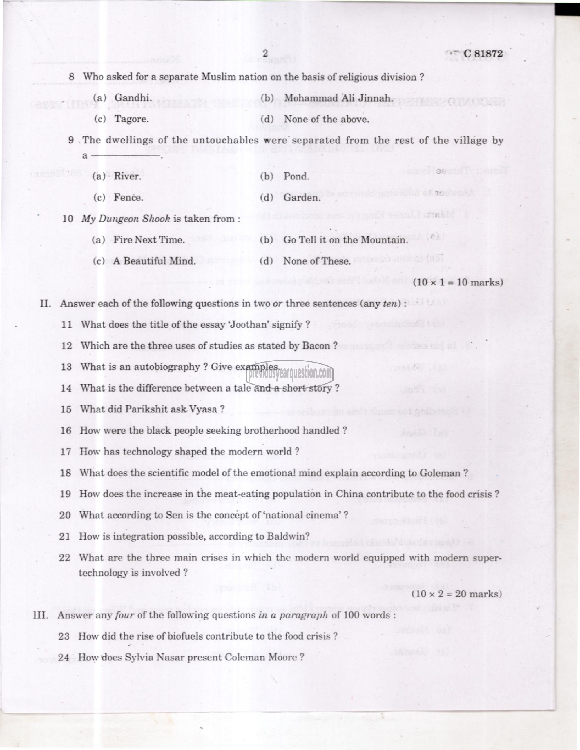 Question Paper - Reading Prose-2