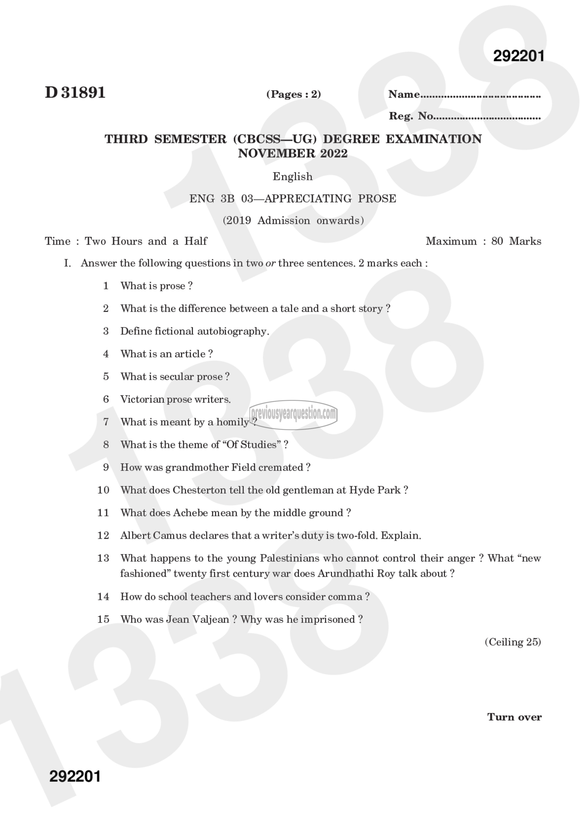 Question Paper - APPRECIATING PROSE-1