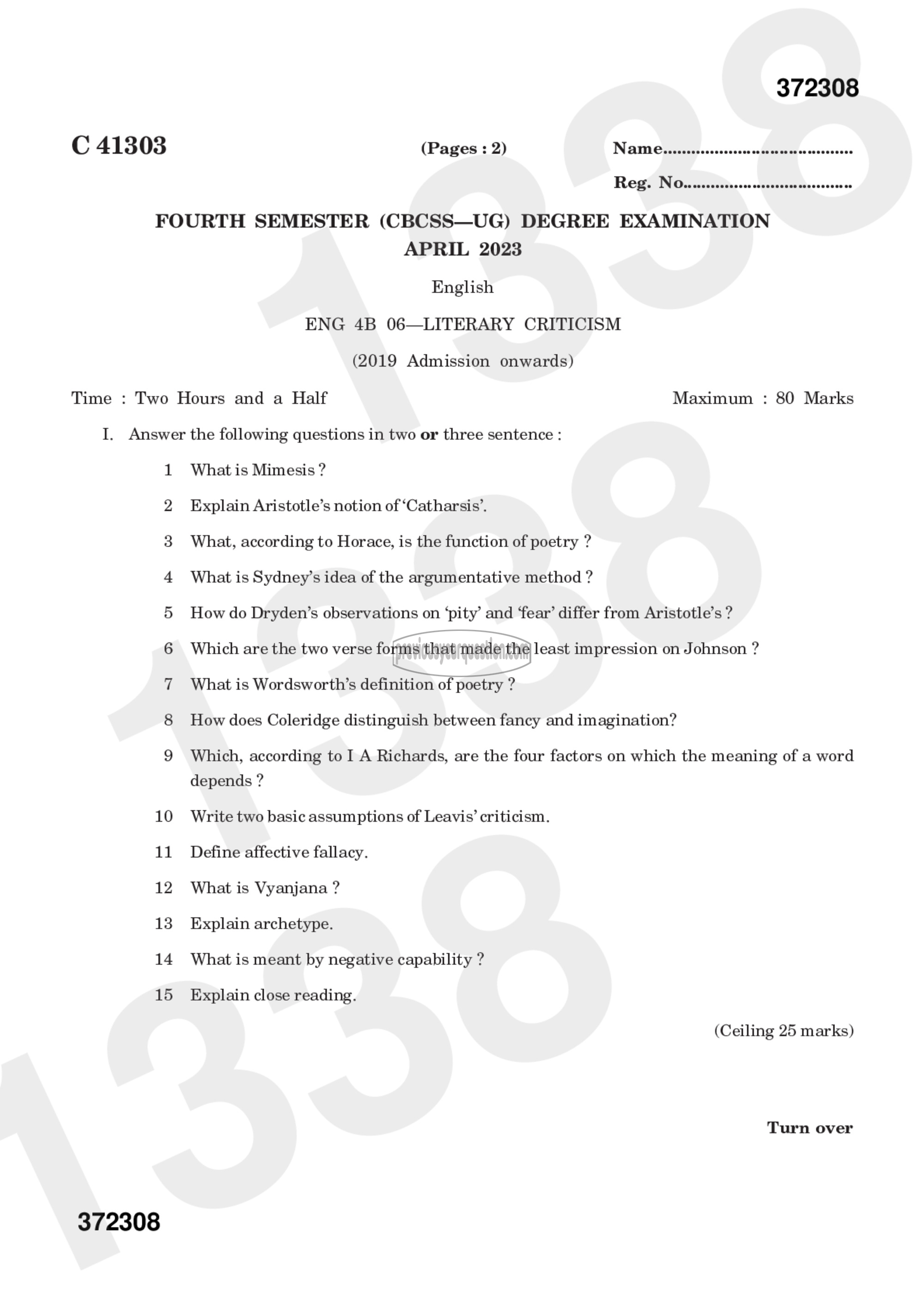 Question Paper - LITERARY CRITICISM-1