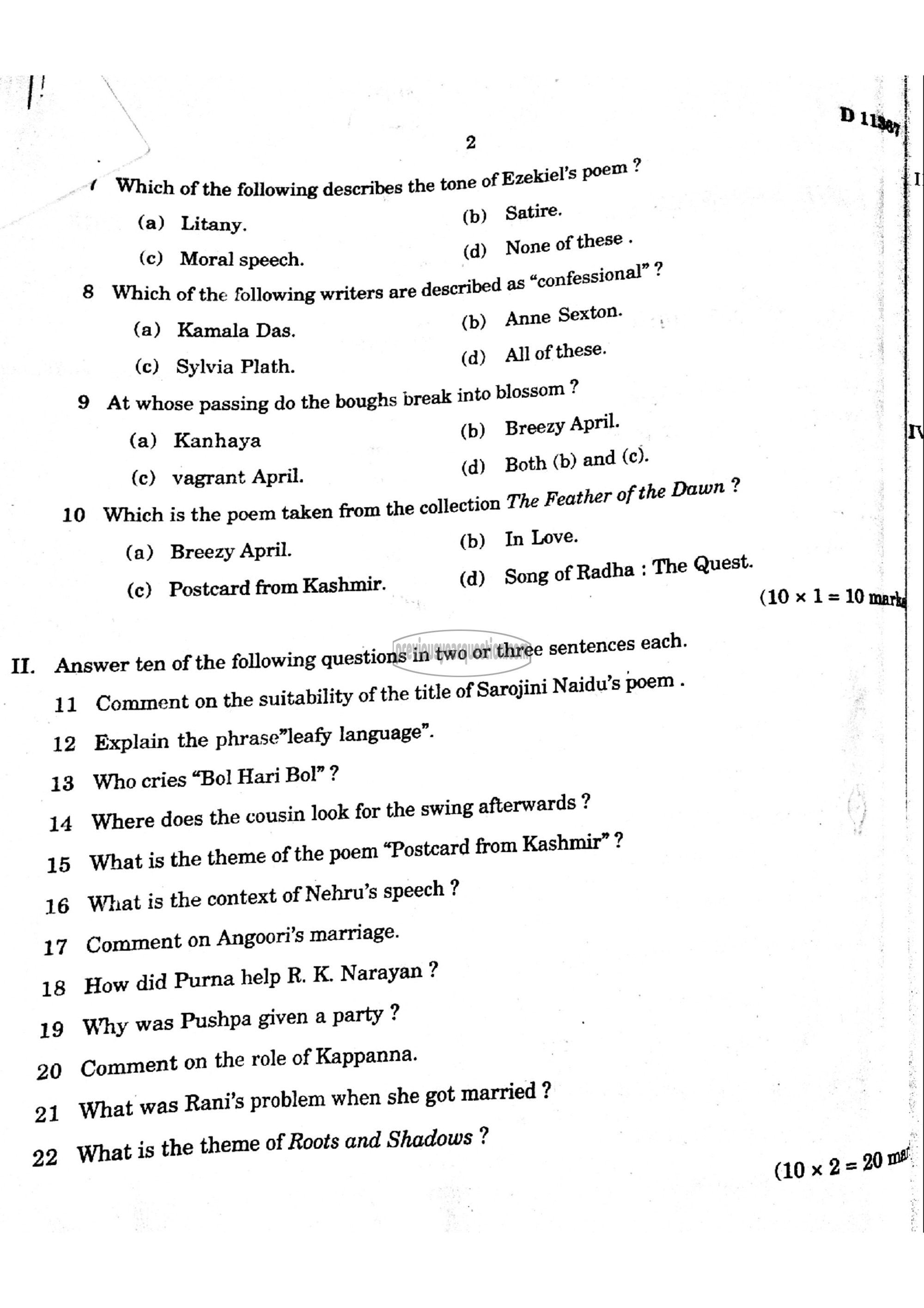 Question Paper - Indian Writing in English-2