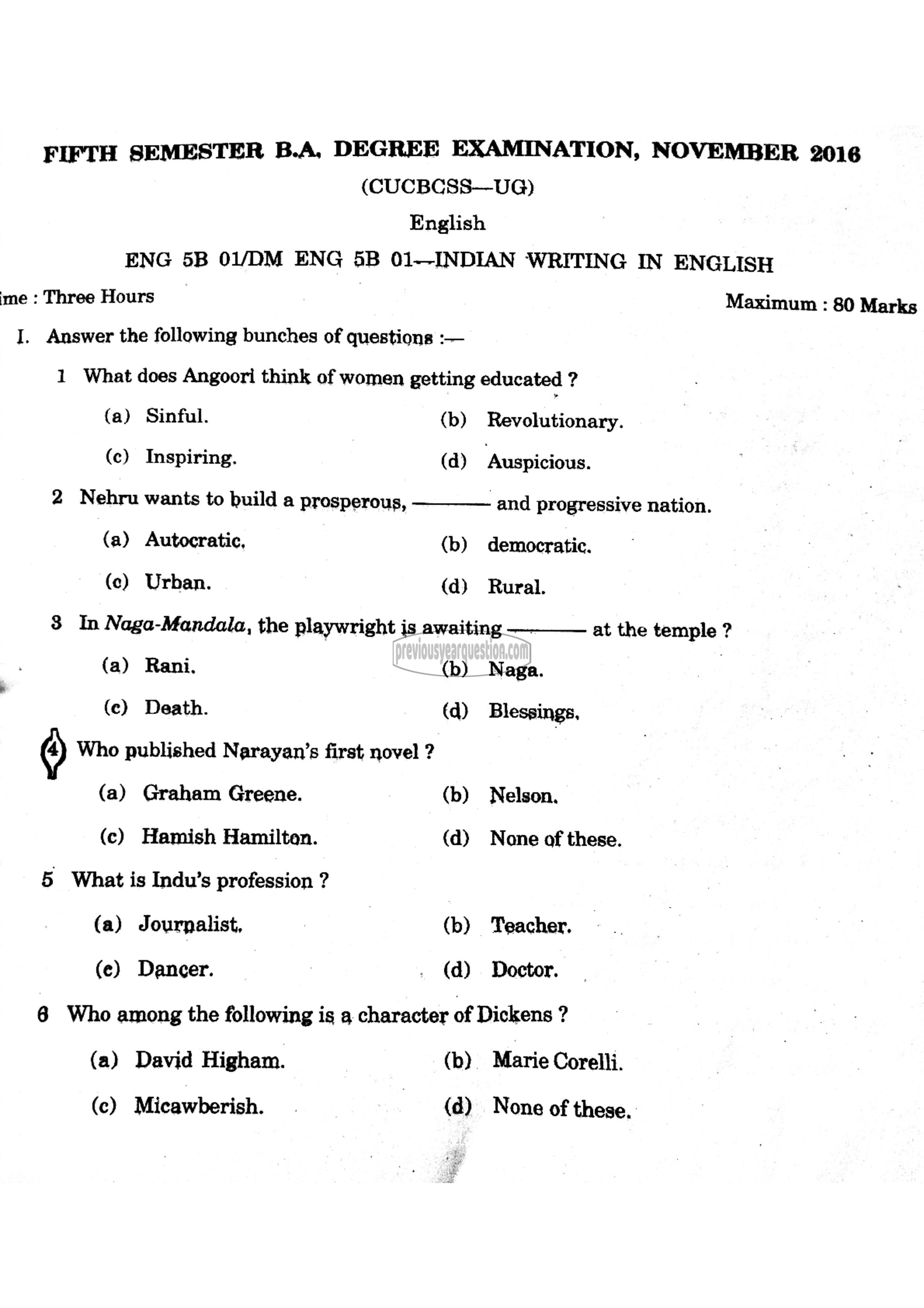 Question Paper - Indian Writing in English-1