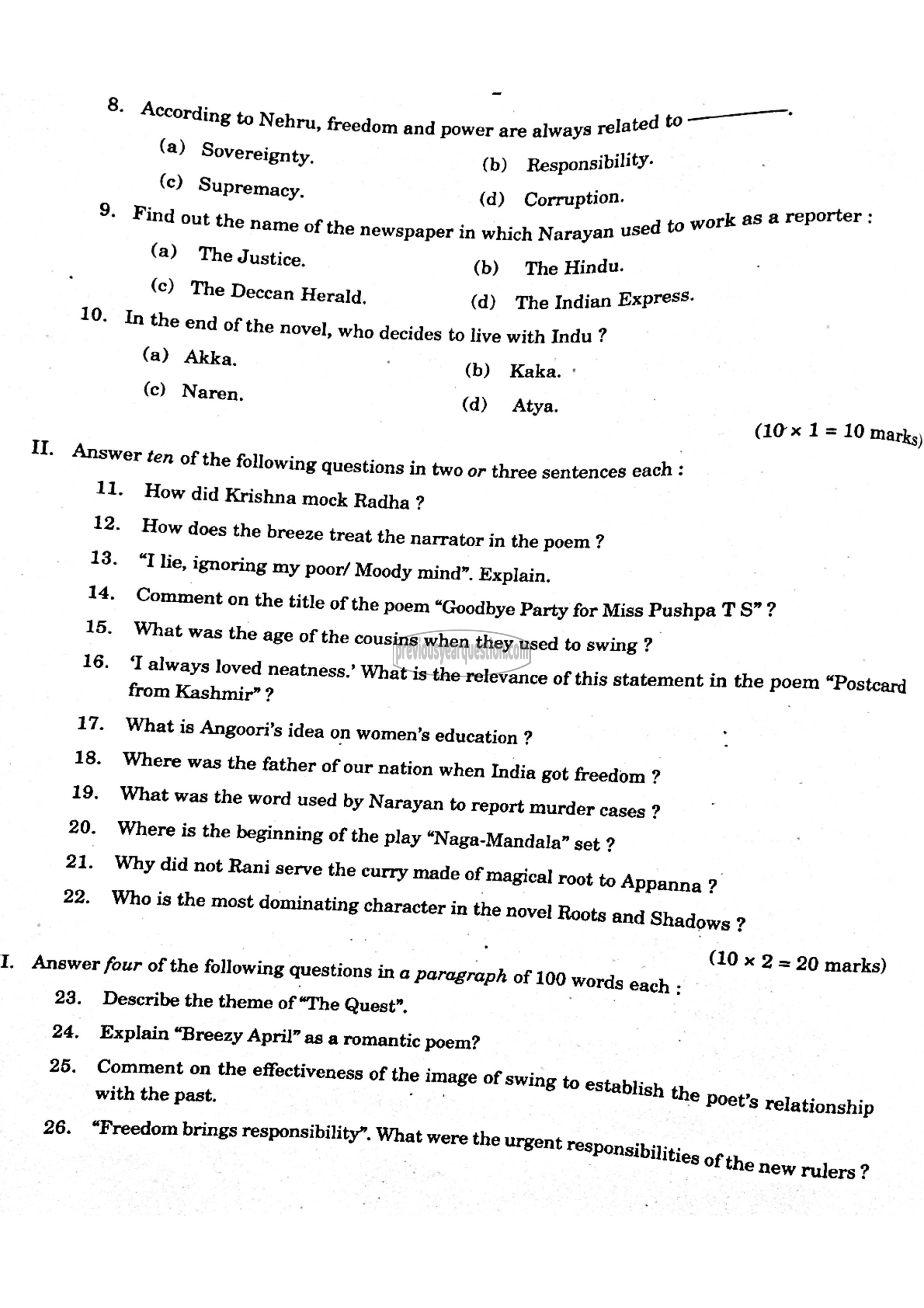 Question Paper - Indian Writing in English-2