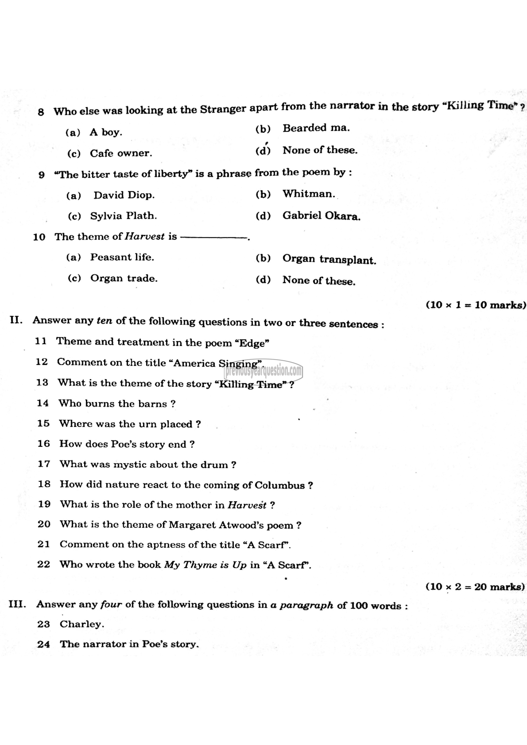 Question Paper - Literature in English: American & Post colonia-2