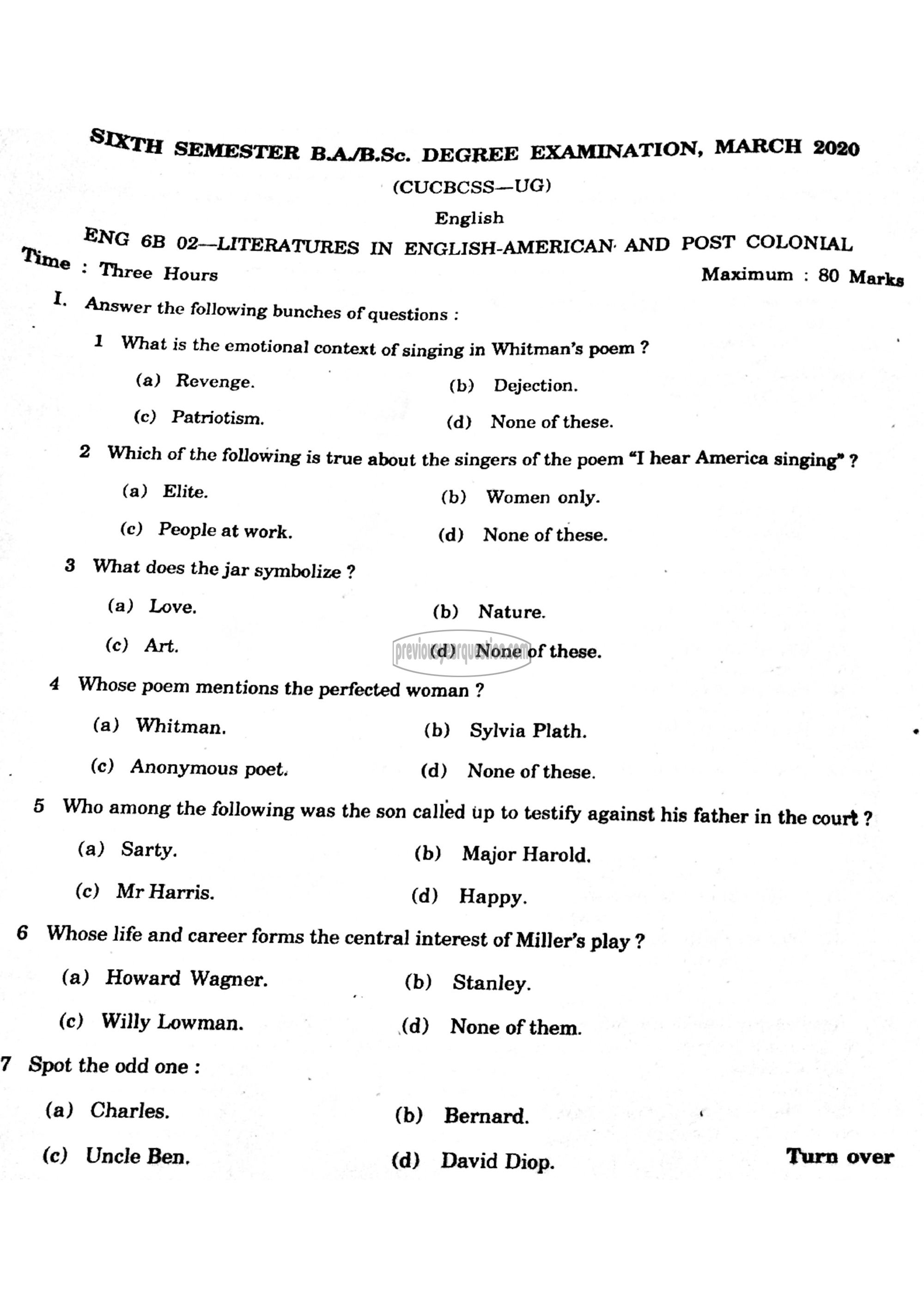 Question Paper - Literature in English: American & Post colonia-1