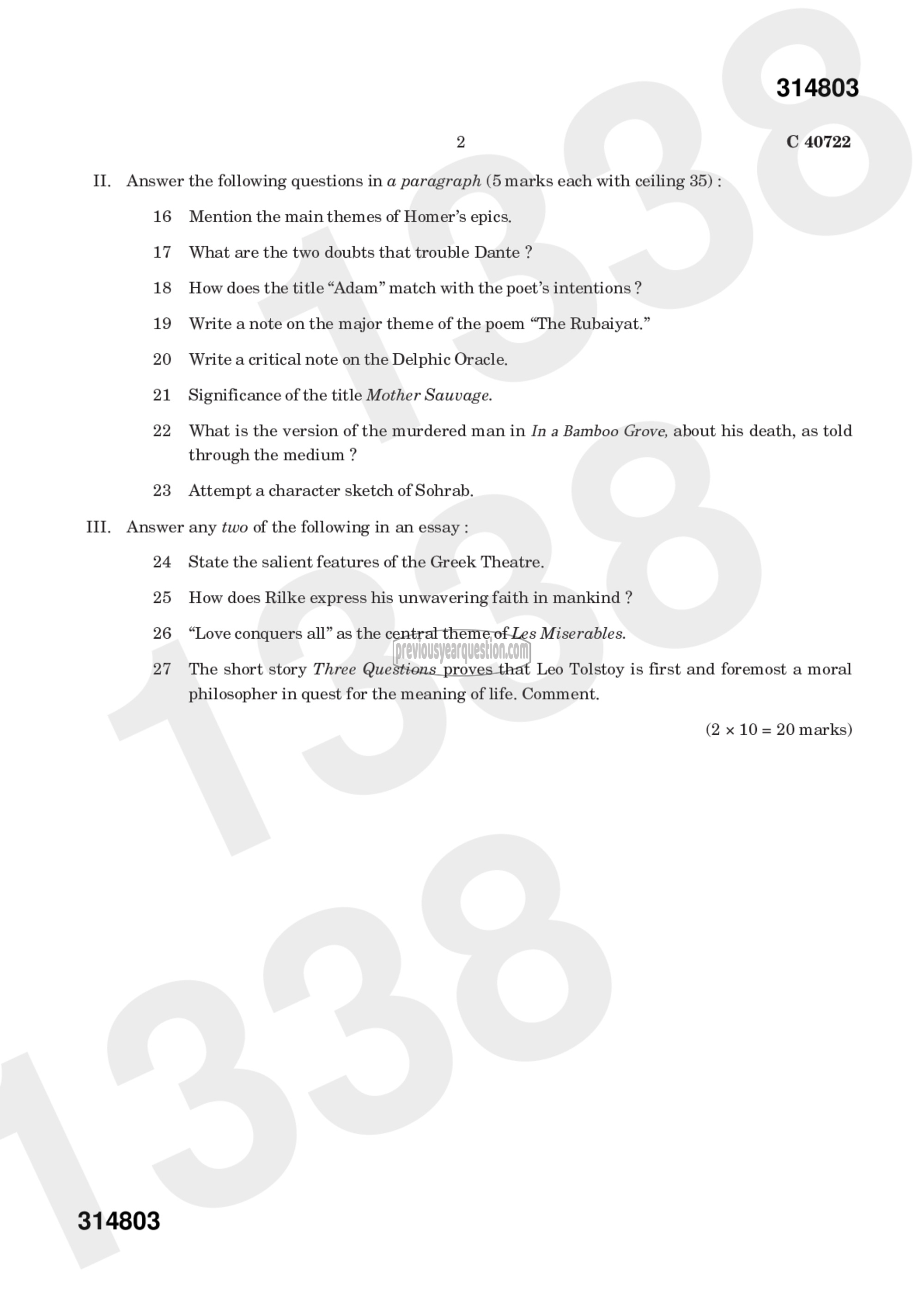 Question Paper - CLASSICS OF WORLD LITERATURE-2