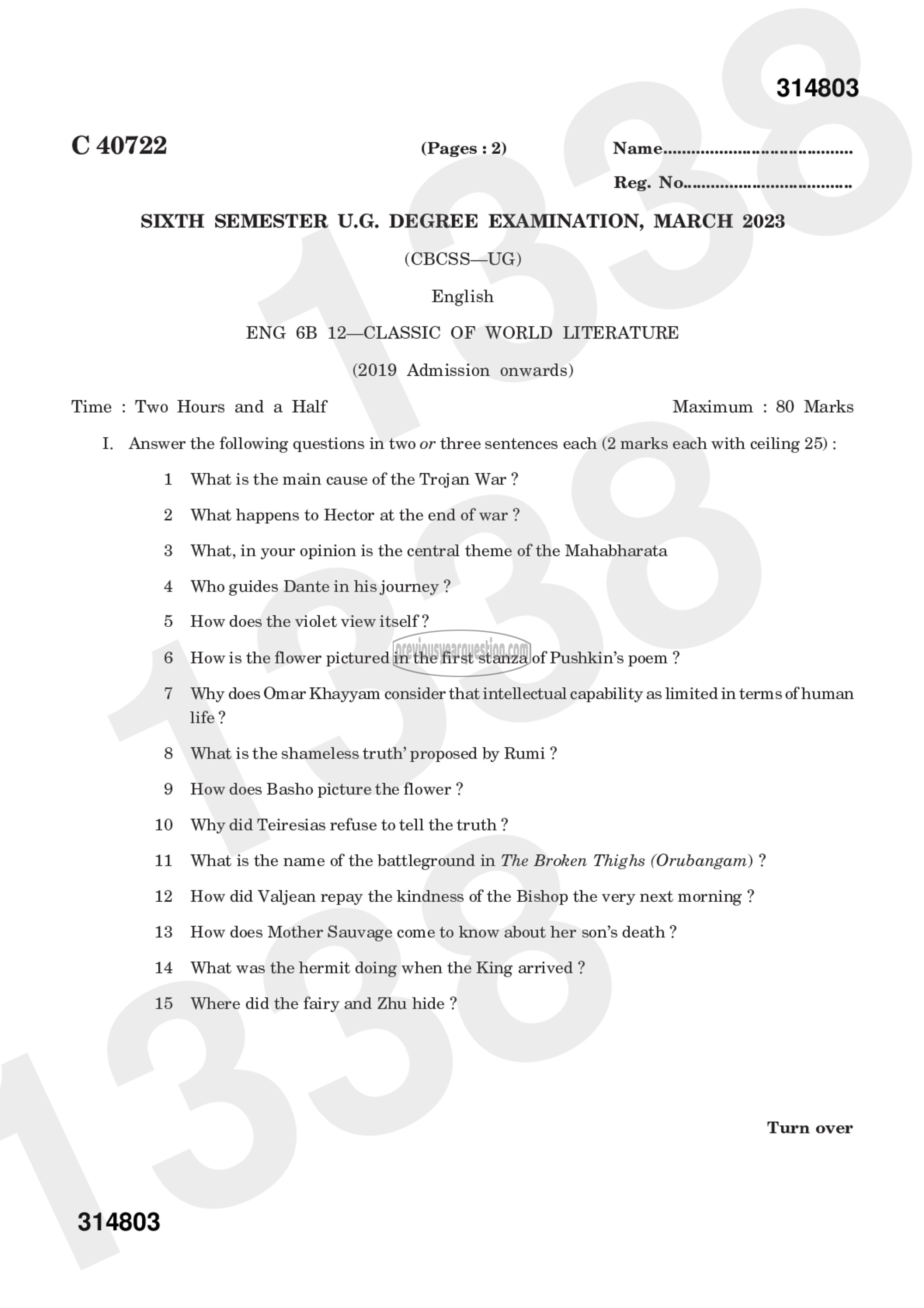 Question Paper - CLASSICS OF WORLD LITERATURE-1