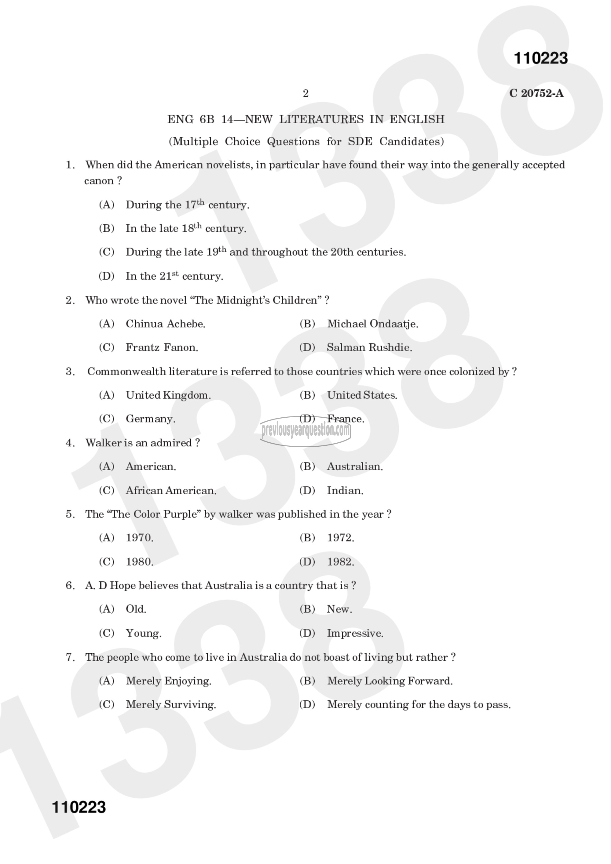 Question Paper - NEW LITERATURES IN ENGLISH-4