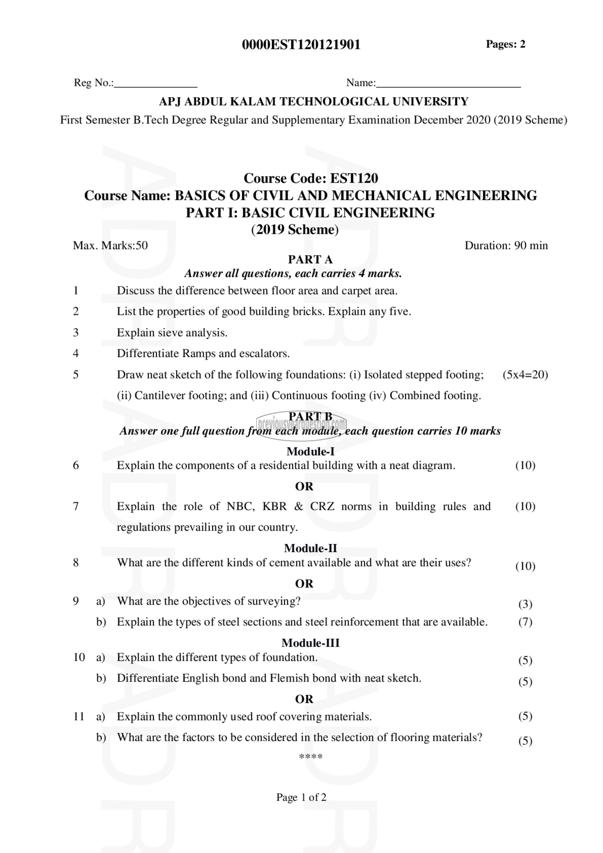 Question Paper - BASICS OF CIVIL & MECHANICAL ENGINEERING-1