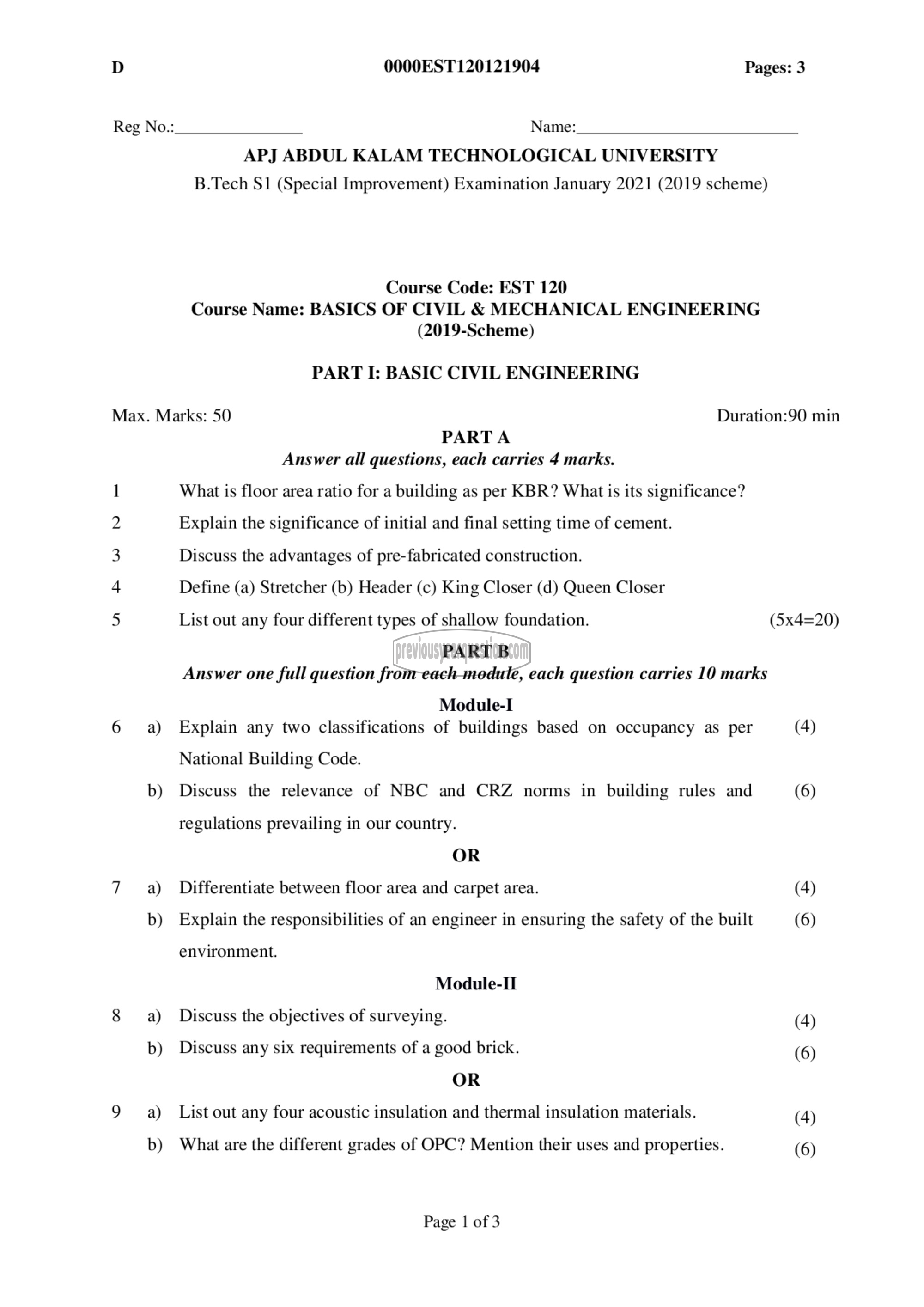 Question Paper - BASICS OF CIVIL & MECHANICAL ENGINEERING-1