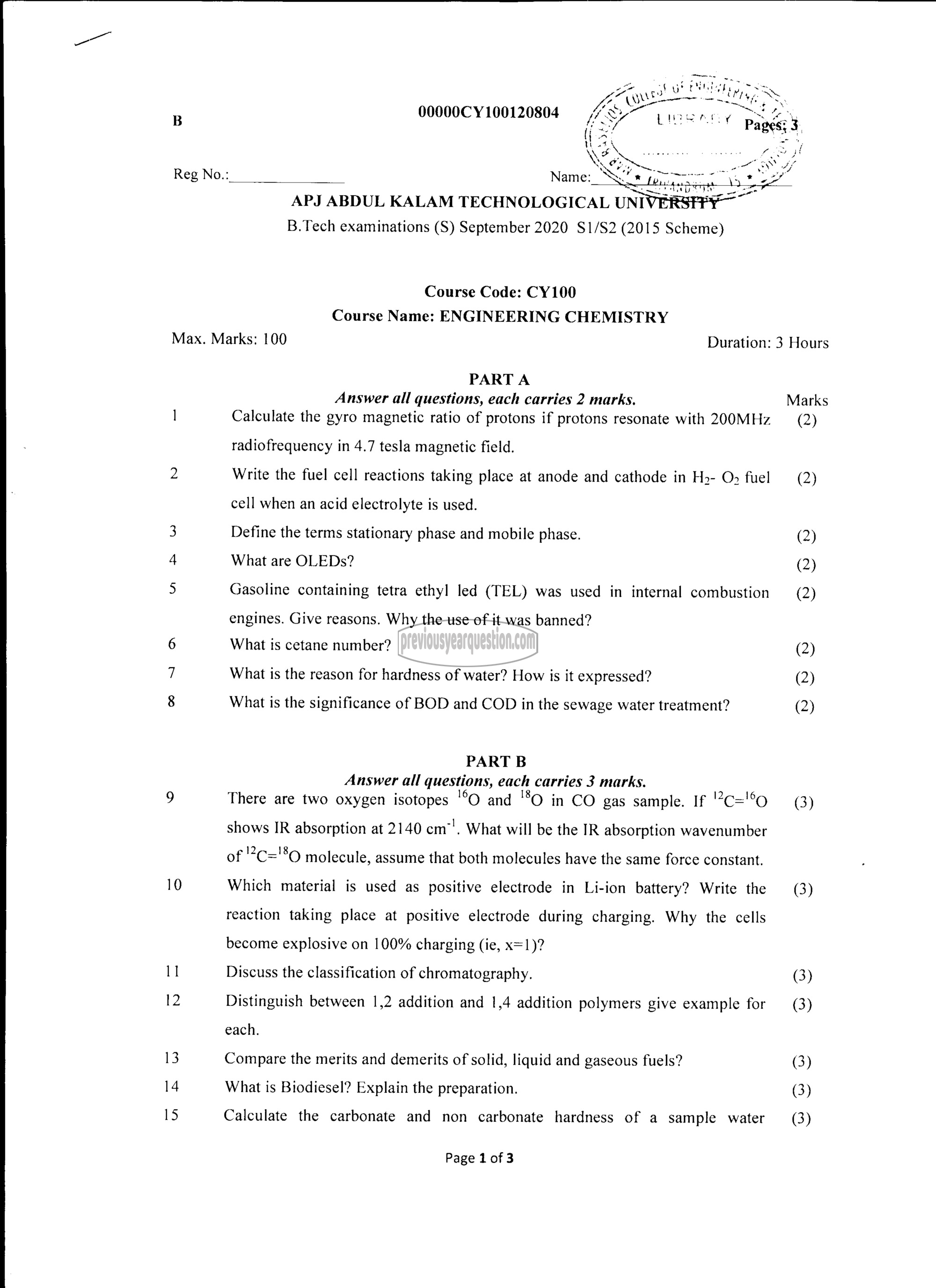 Question Paper - ENGINEERING CHEMISTRY-1