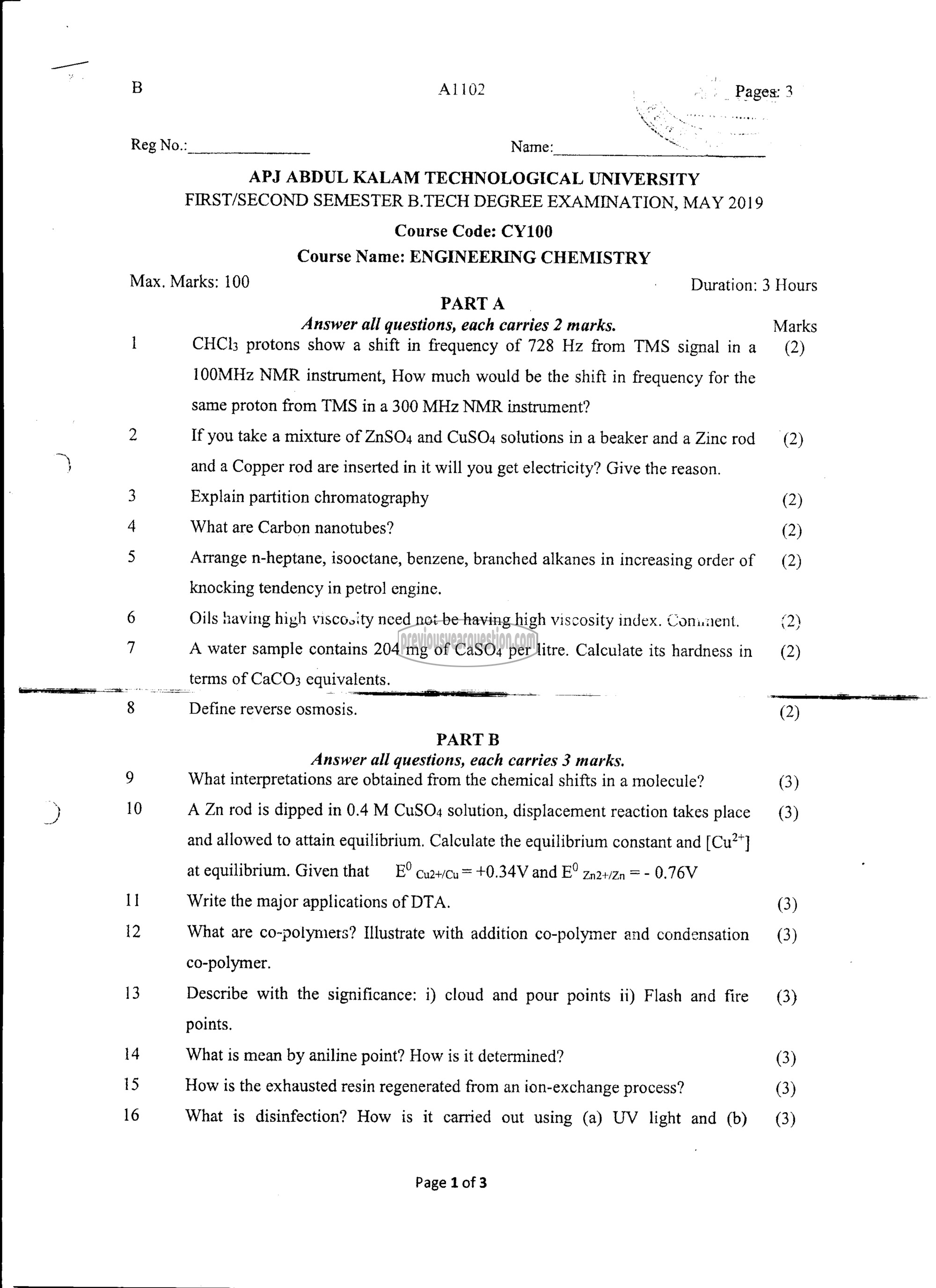 Question Paper - ENGINEERING CHEMISTRY-1