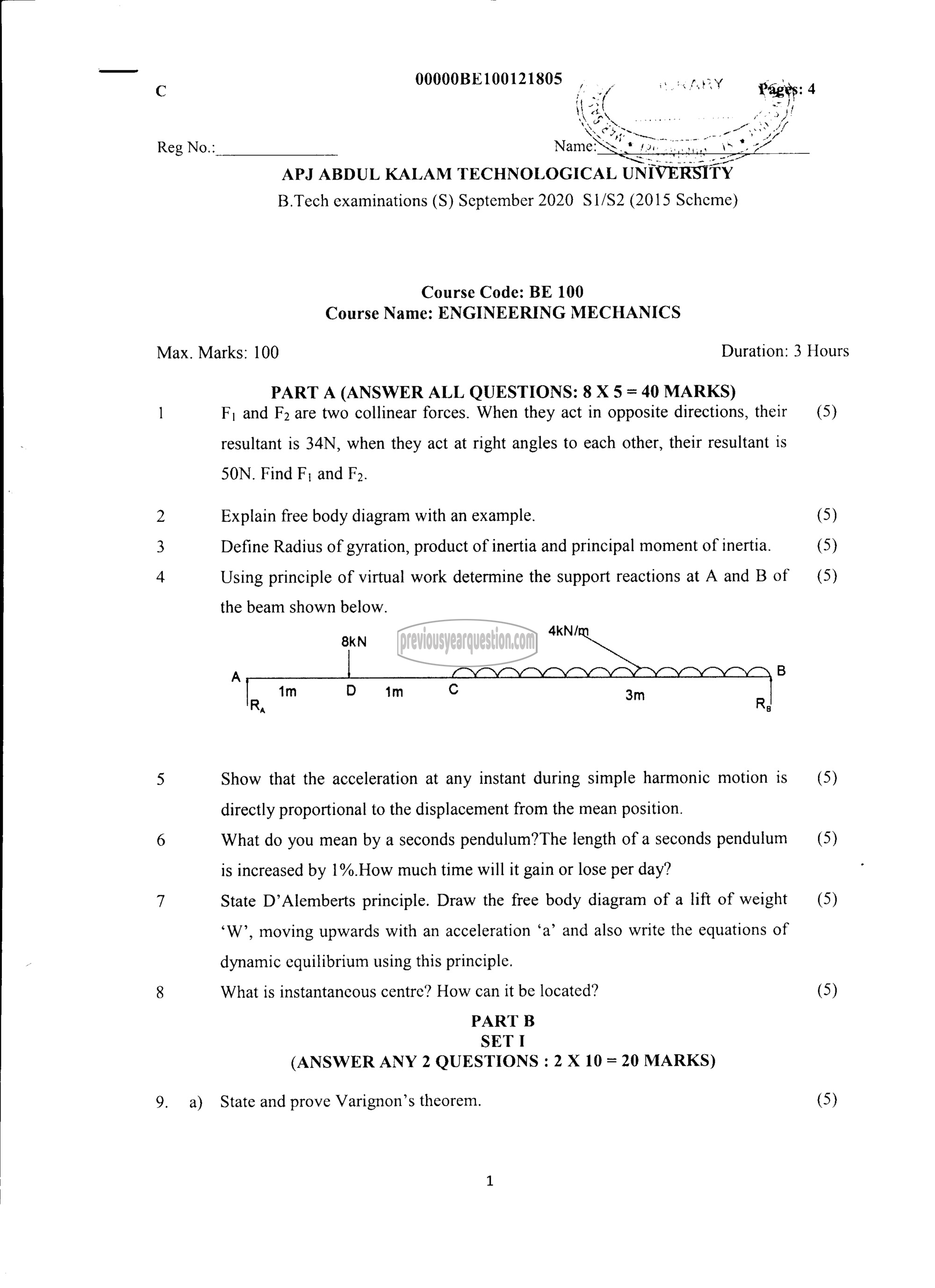 Question Paper - ENGINEERING MECHANICS-1