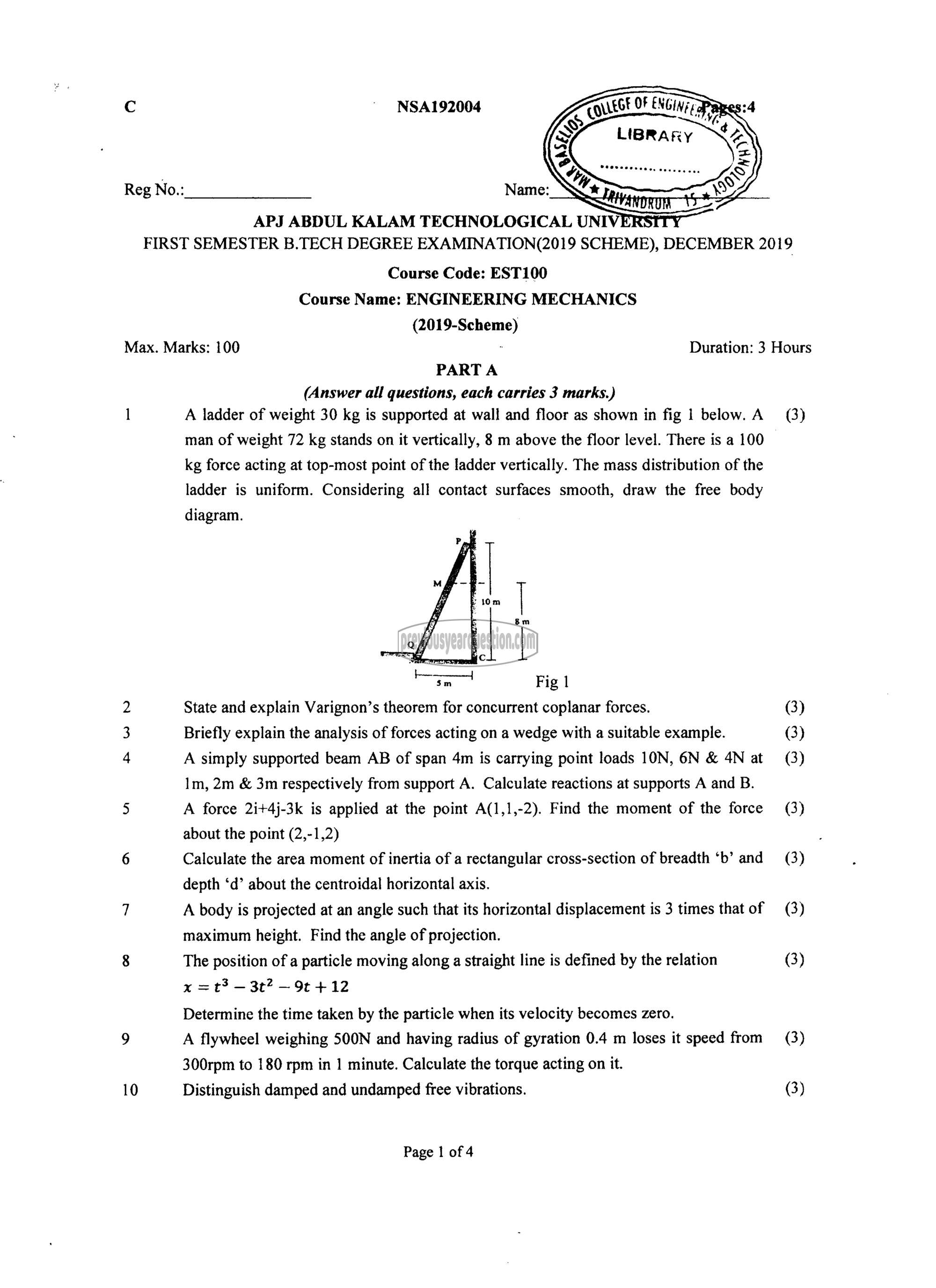 Question Paper - ENGINEERING MECHANICS-1