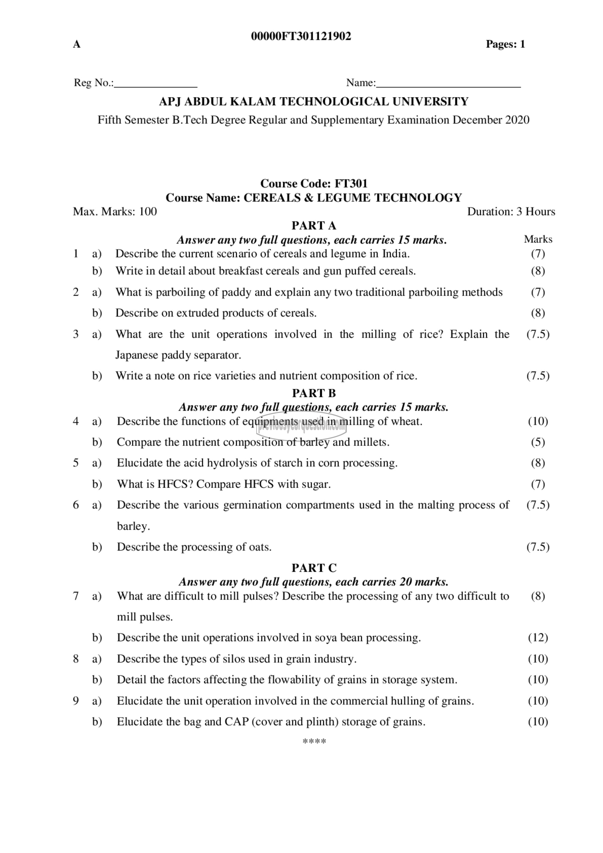 Question Paper - Cereals & Legume Technology-1