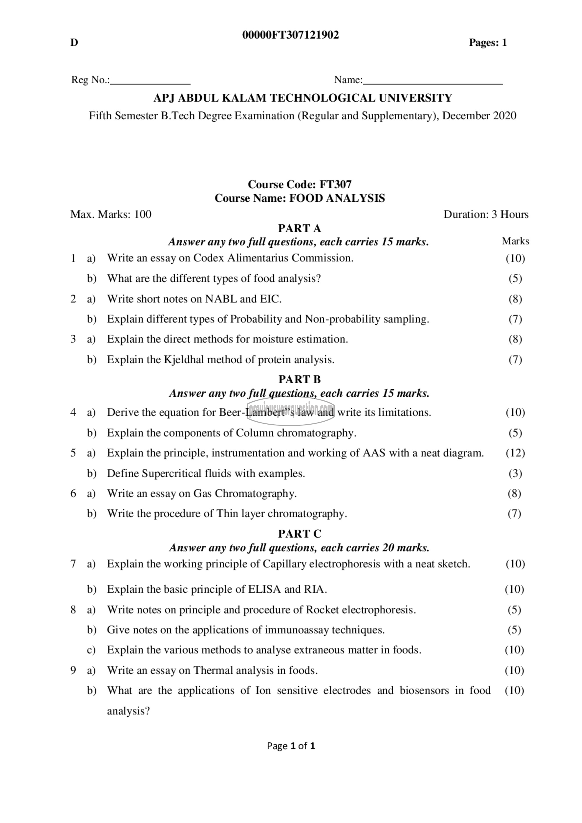 Question Paper - Food Analysis-1