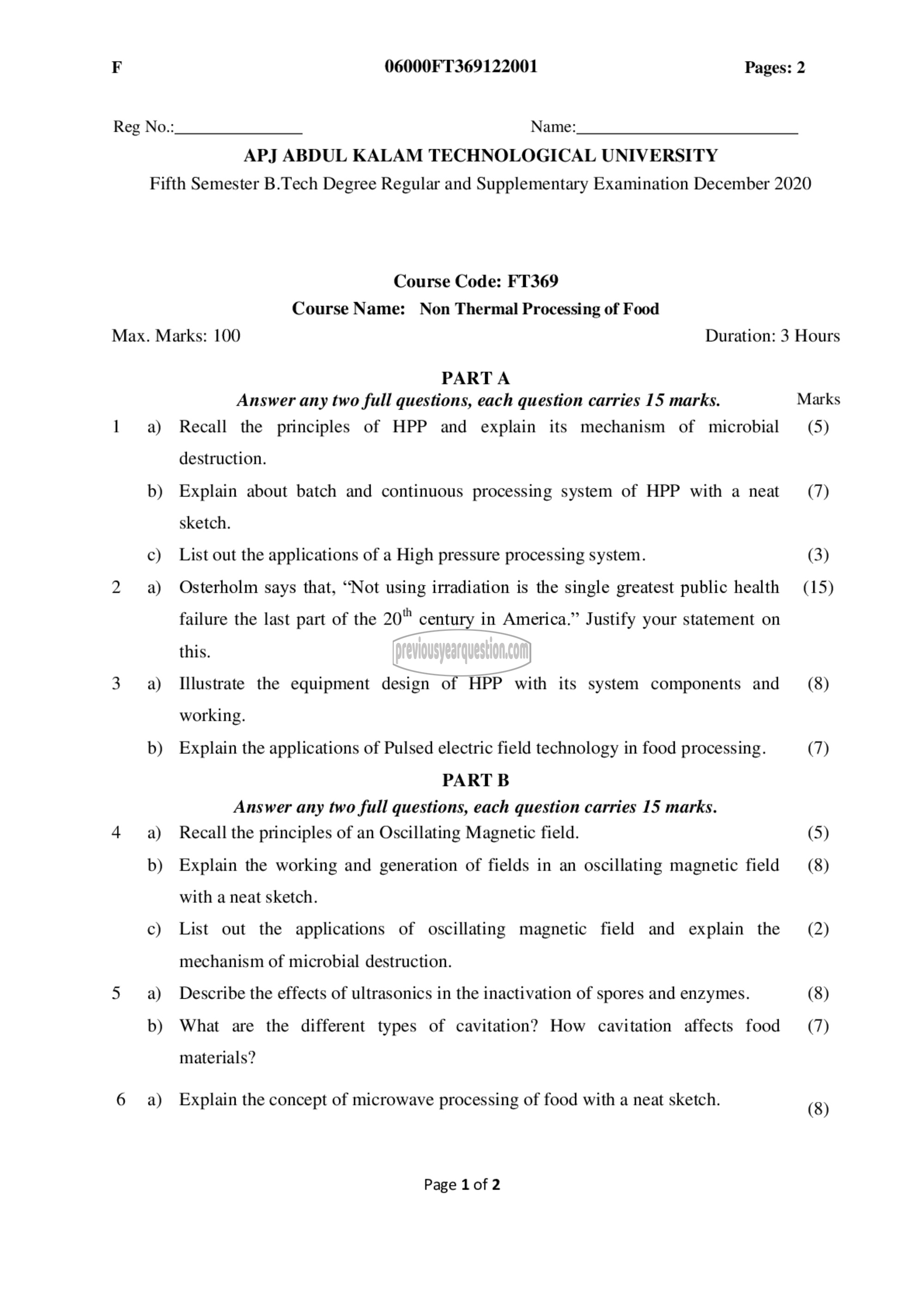 Question Paper - Non Thermal Processing of Food-1