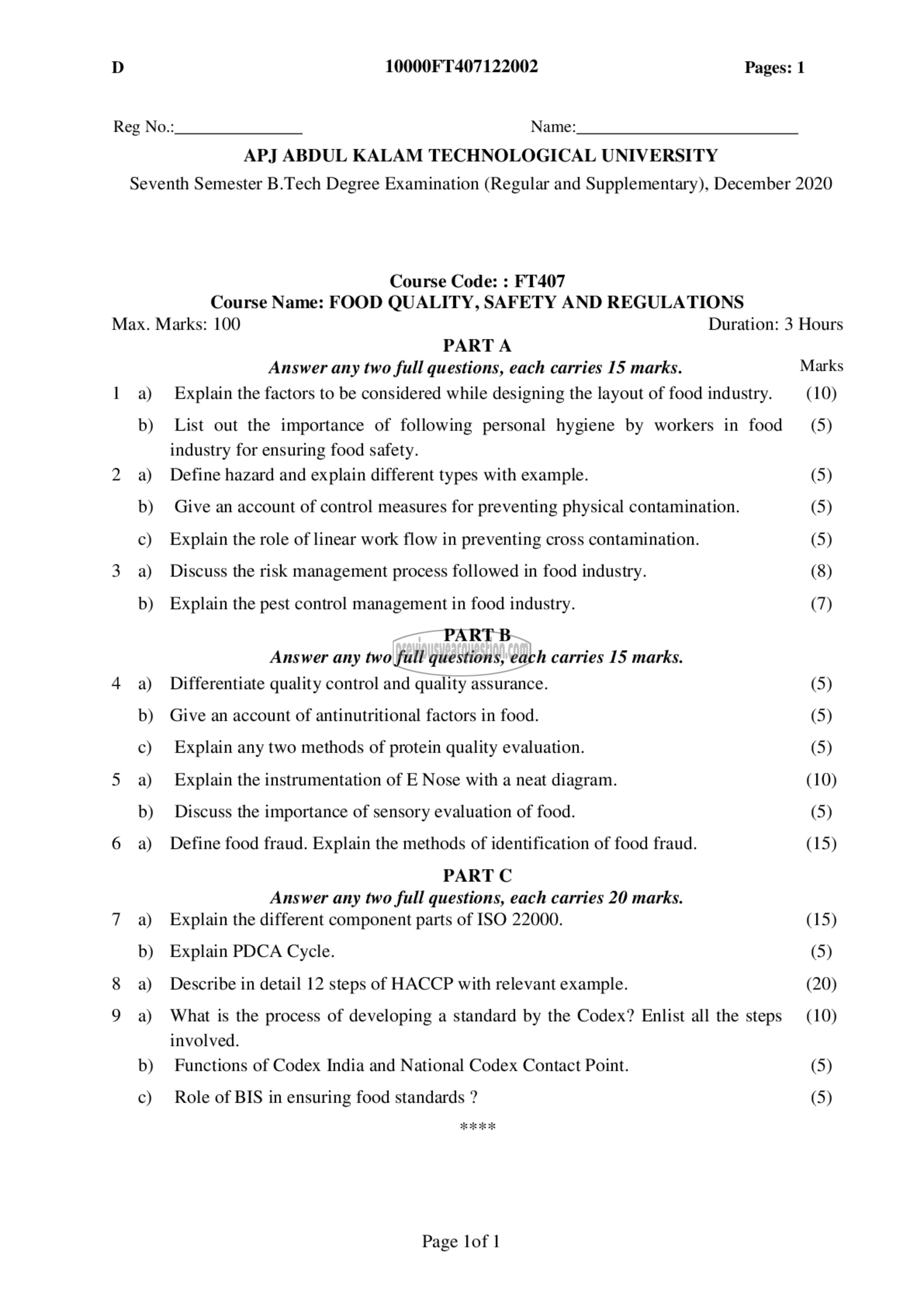 Question Paper - Food Quality, Safety and Regulations-1