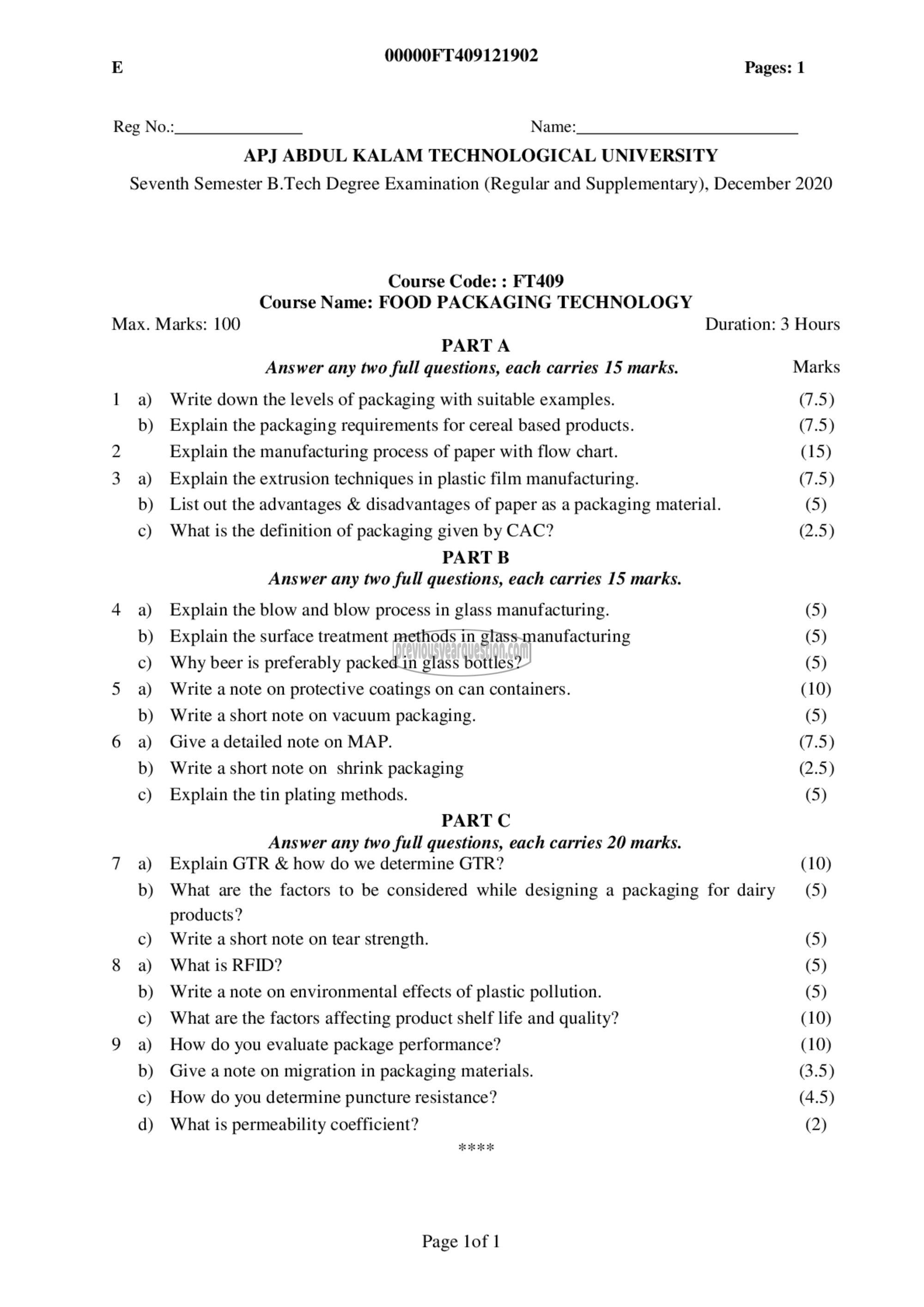 Question Paper - Food Packaging Technology-1