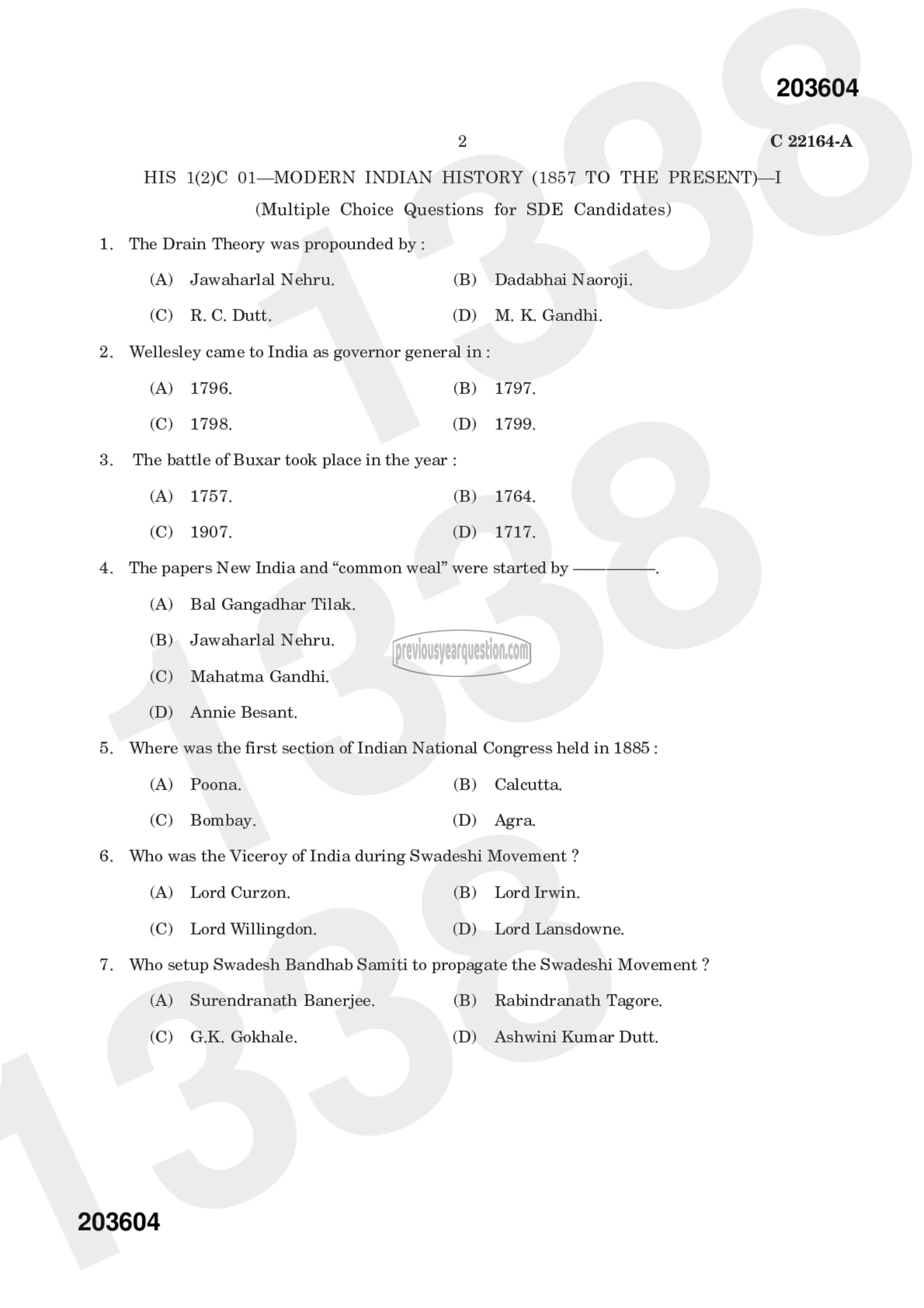 Question Paper - Modern Indian History (1857 to the Present): I-4