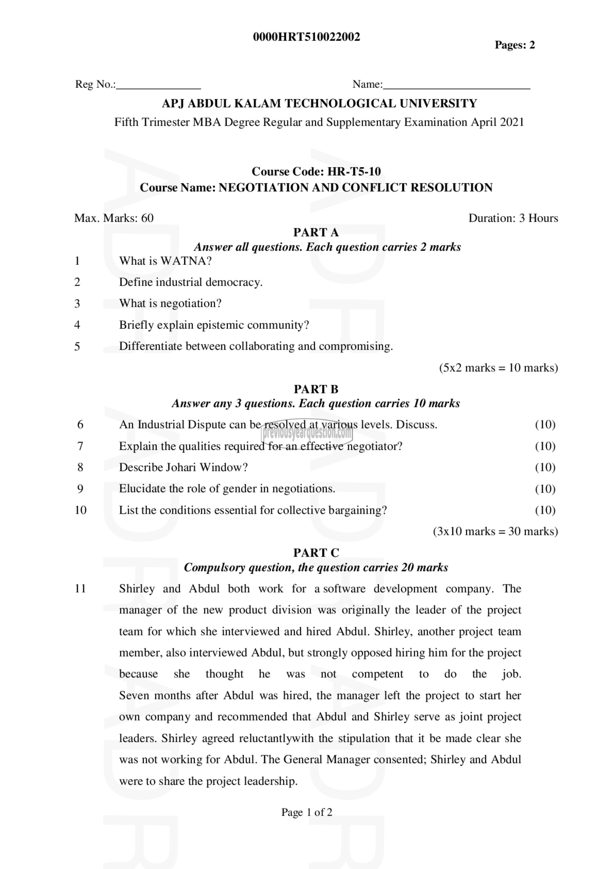 Question Paper - Negotiation and Conflict Resolution-1