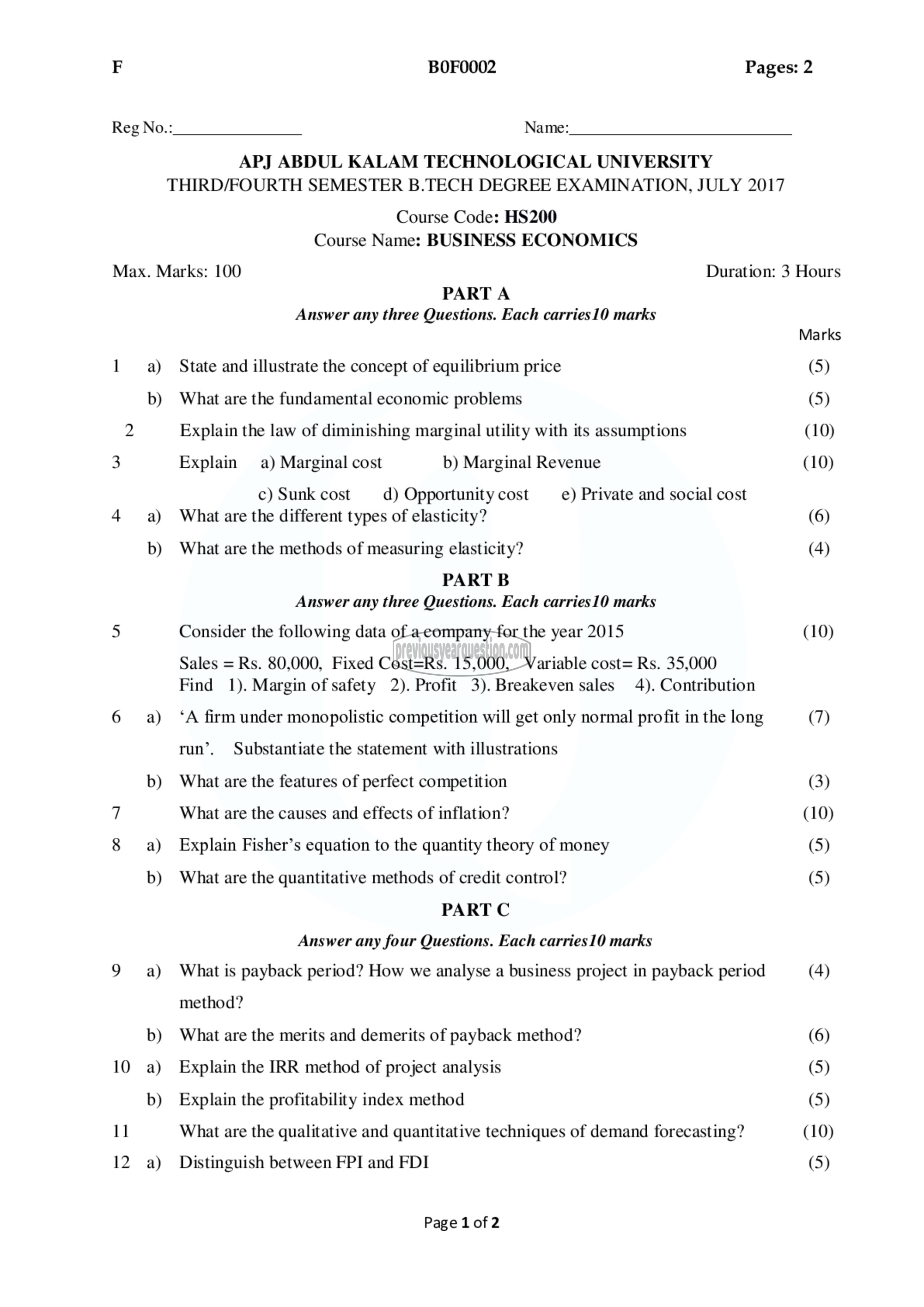 Question Paper - Business Economics-1