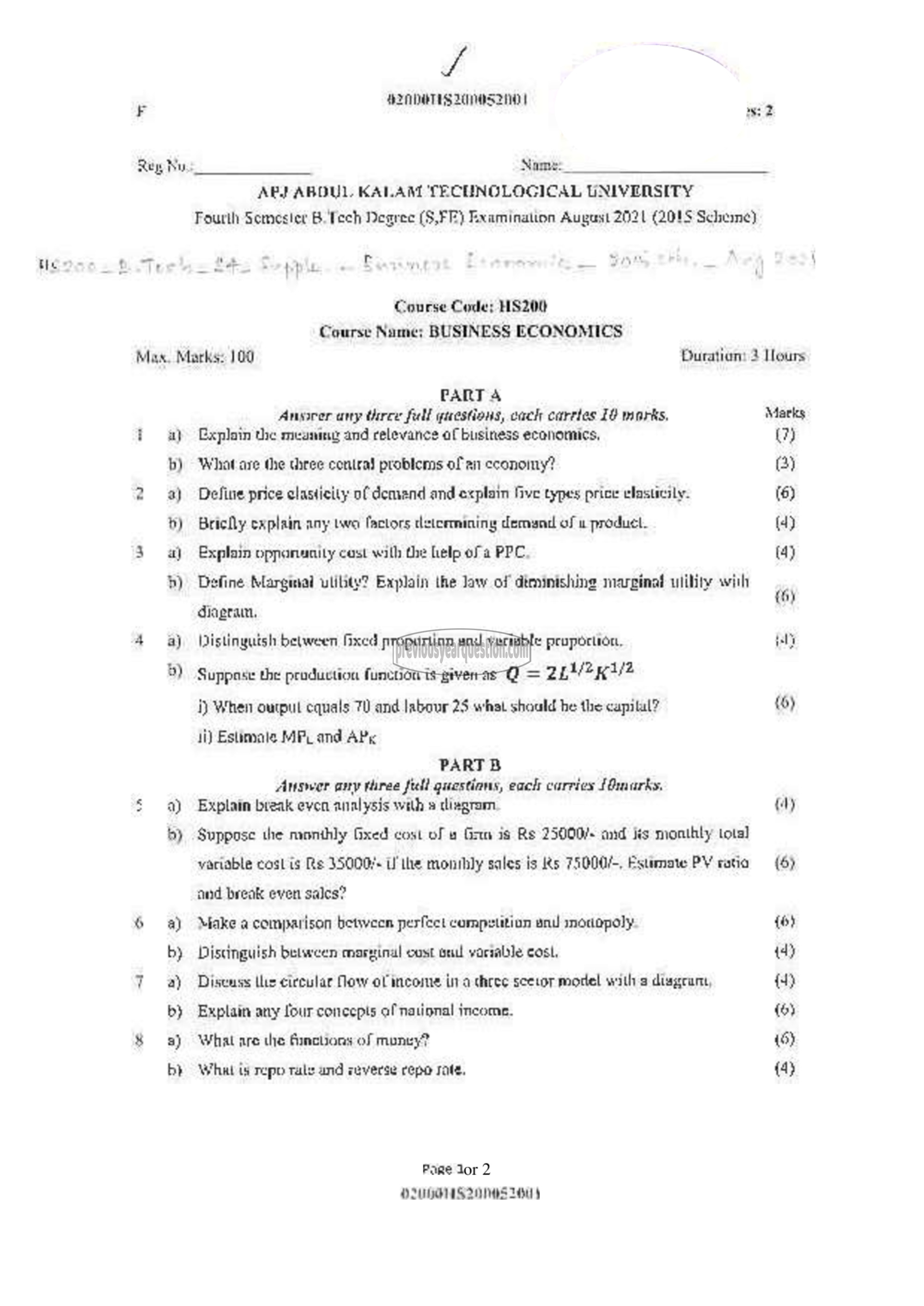 Question Paper - Business Economics-1