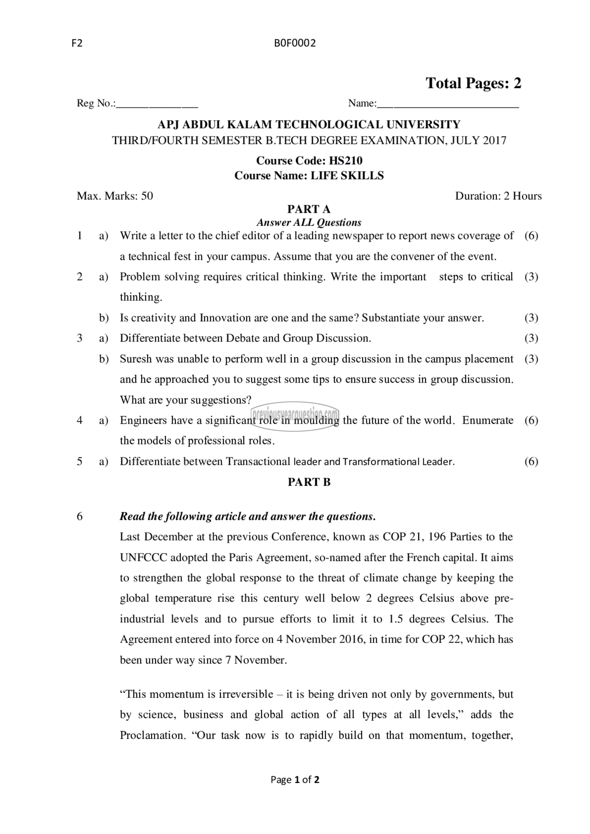 Question Paper - Life Skills-1