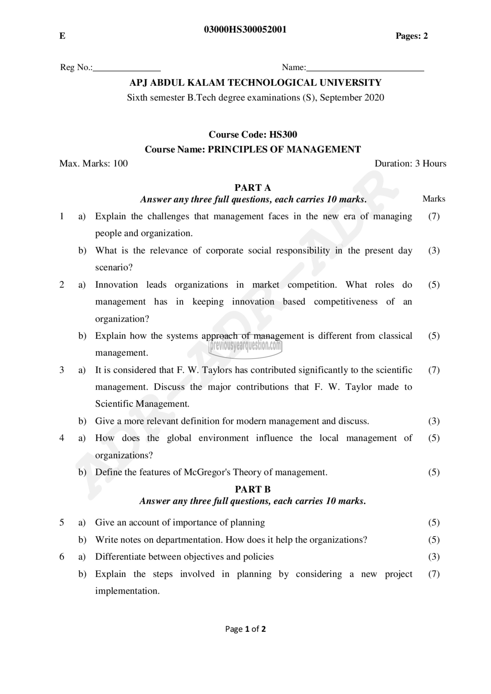 Question Paper - Principles of Management-1