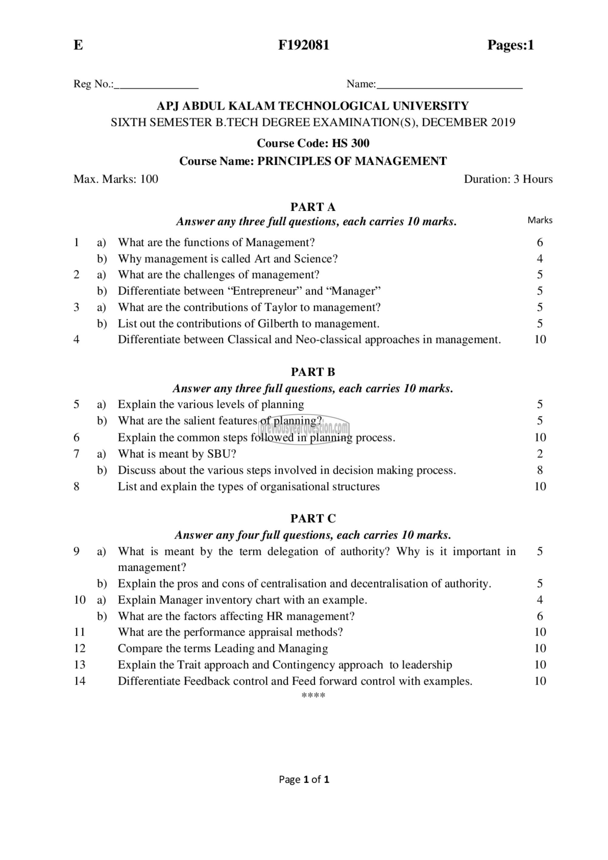 Question Paper - Principles of Management-1