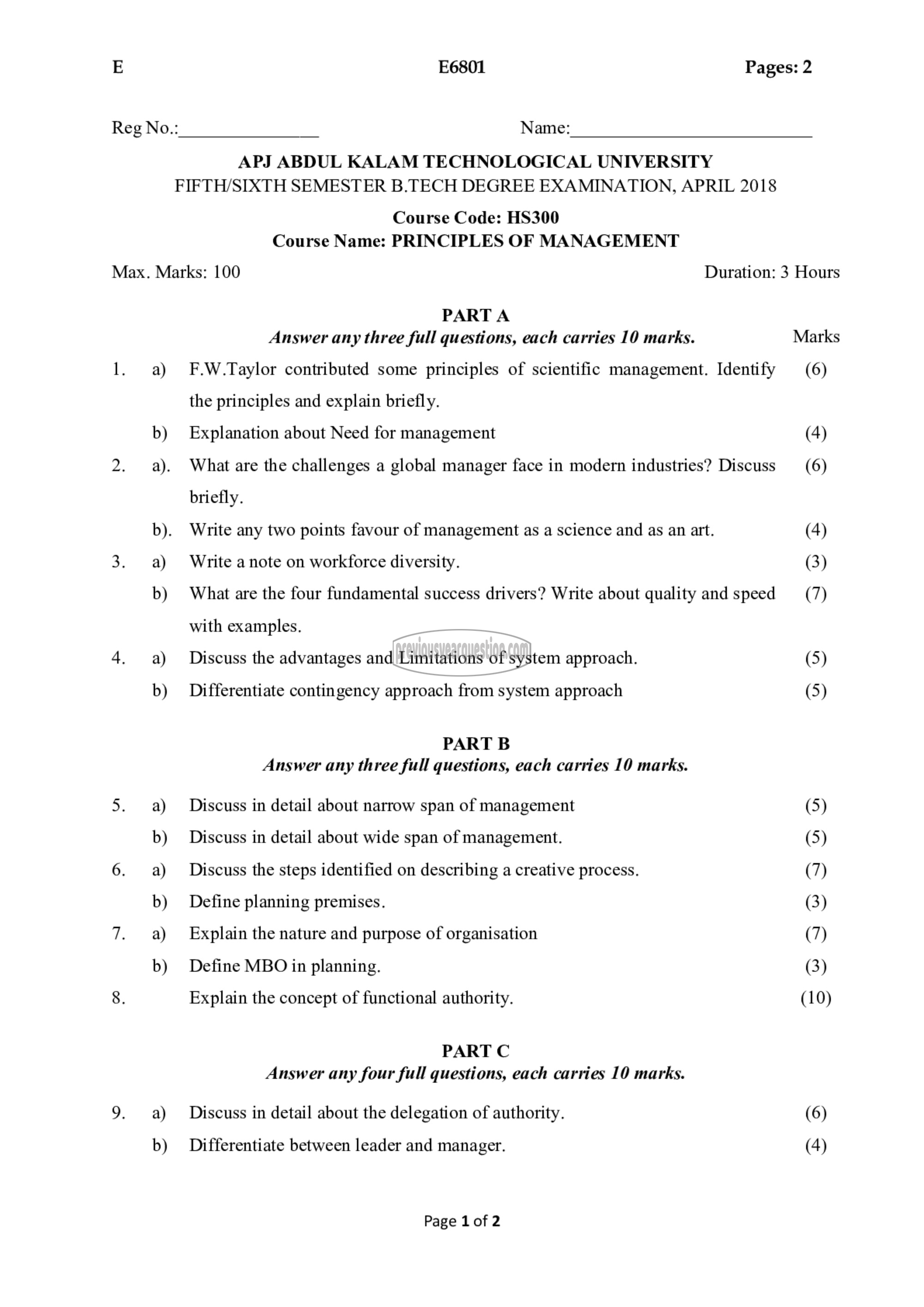 Question Paper - Principles of Management-1