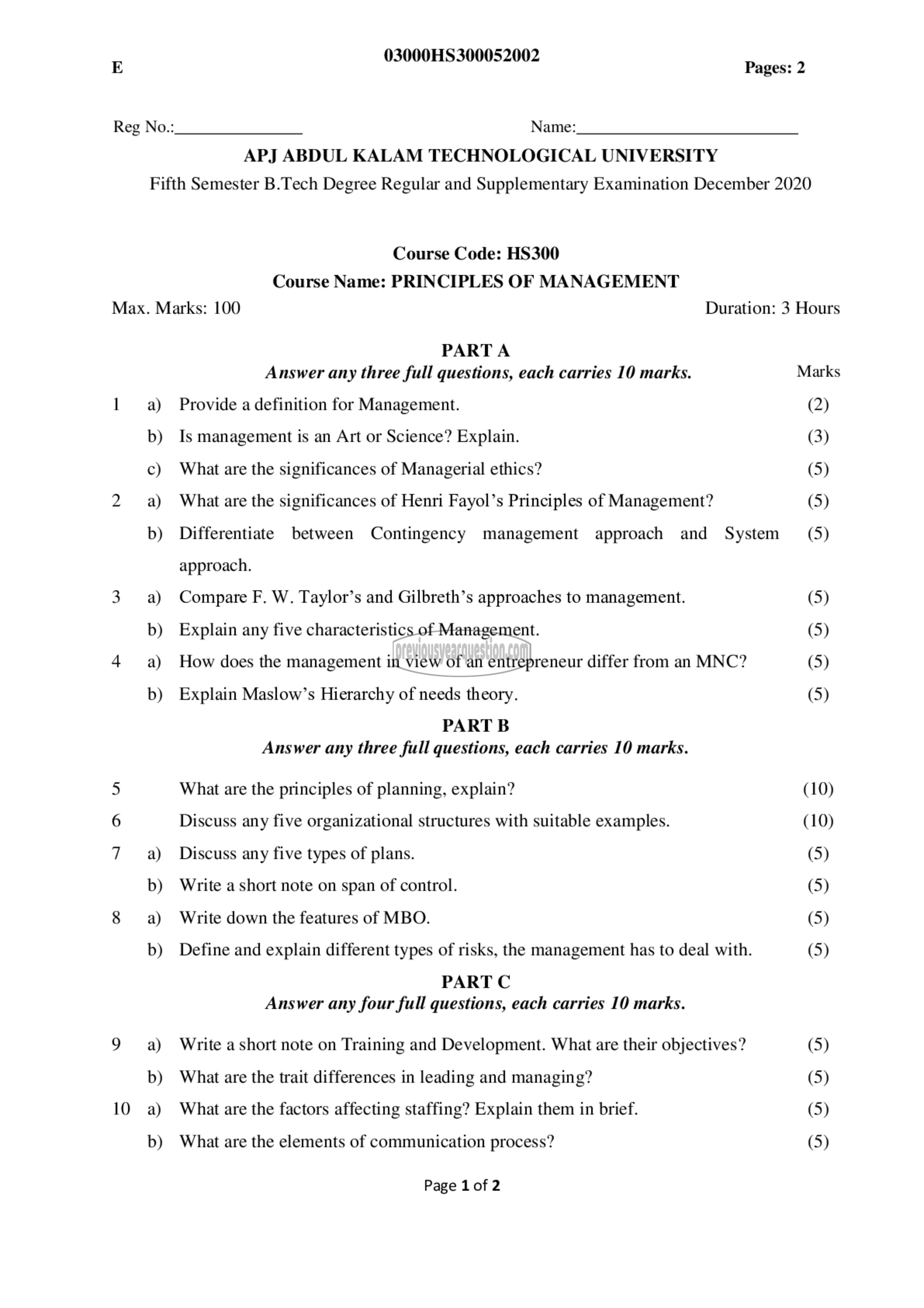 Question Paper - Principles of Management-1