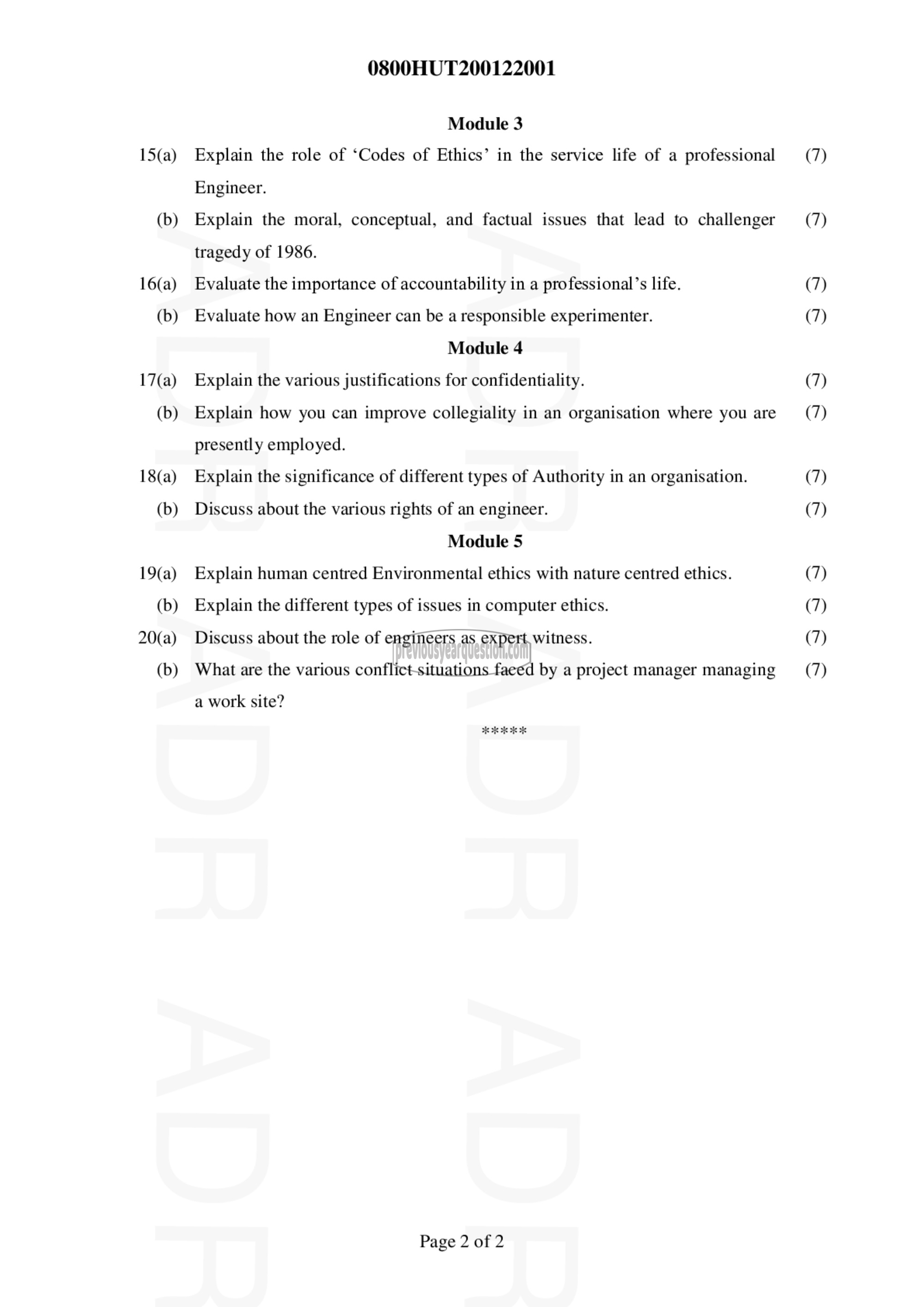 Question Paper - PROFESSIONAL ETHICS-2