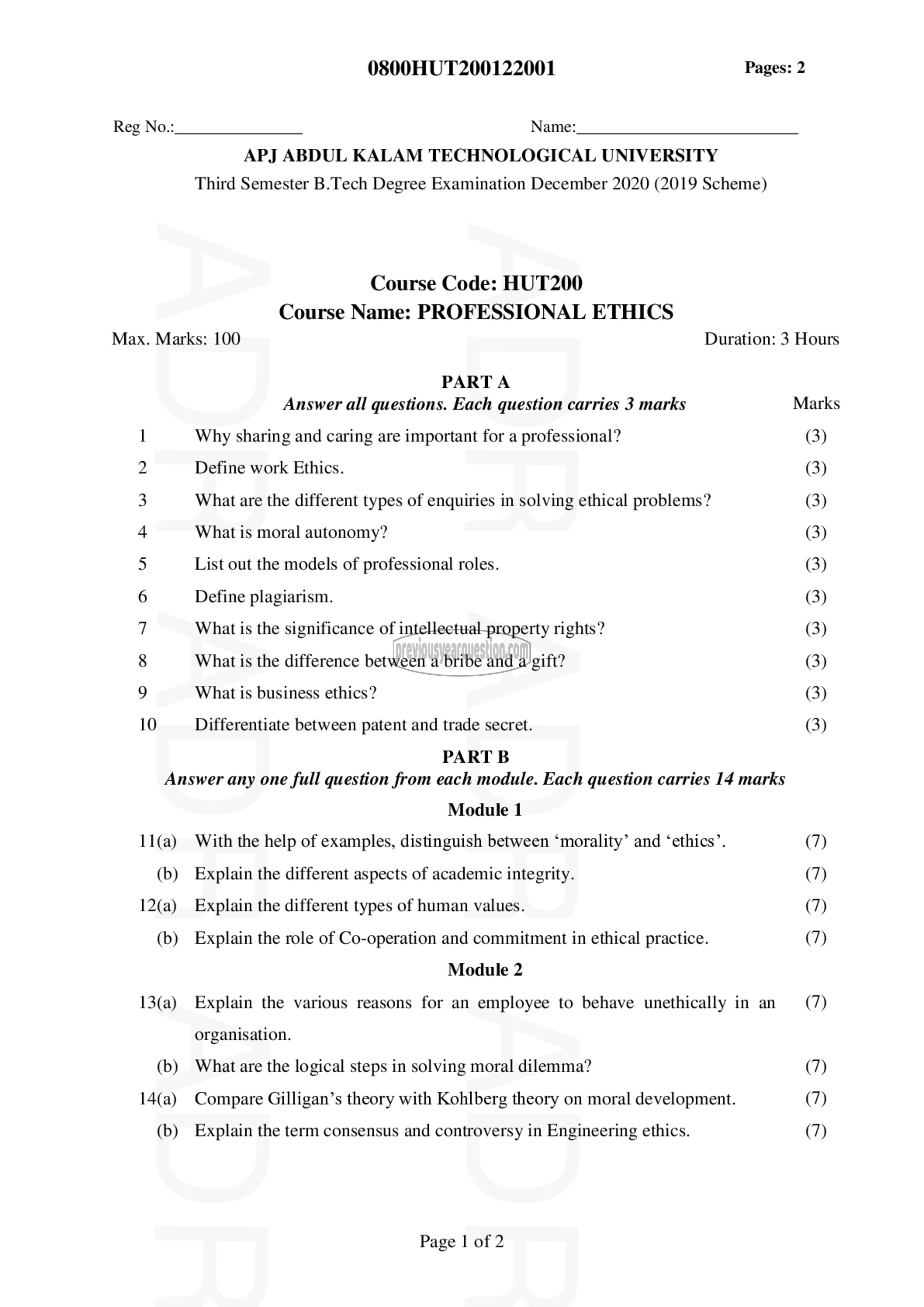 Question Paper - PROFESSIONAL ETHICS-1