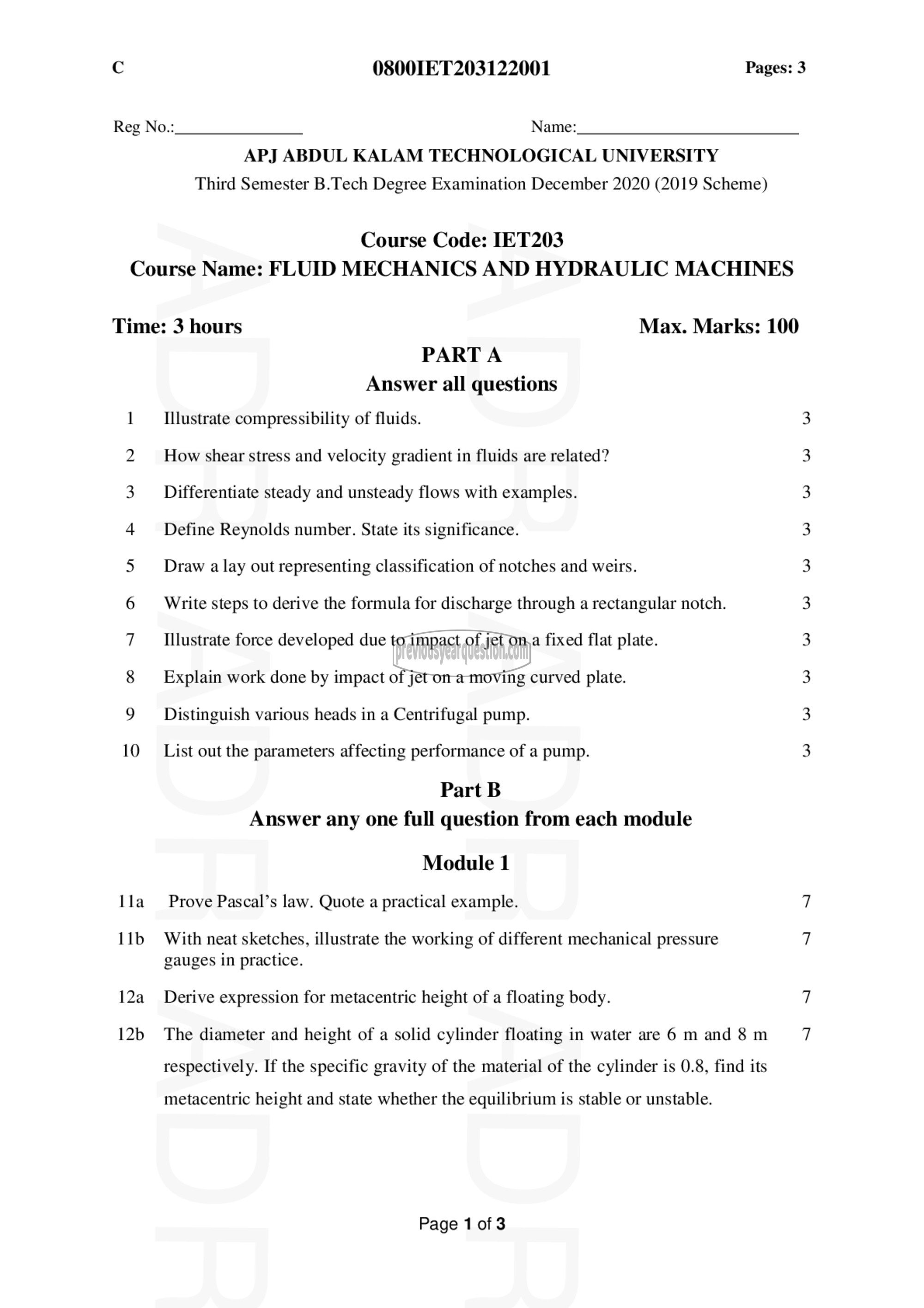 Question Paper - FLUID MECHANICS AND HYDRAULIC MACHINES-1