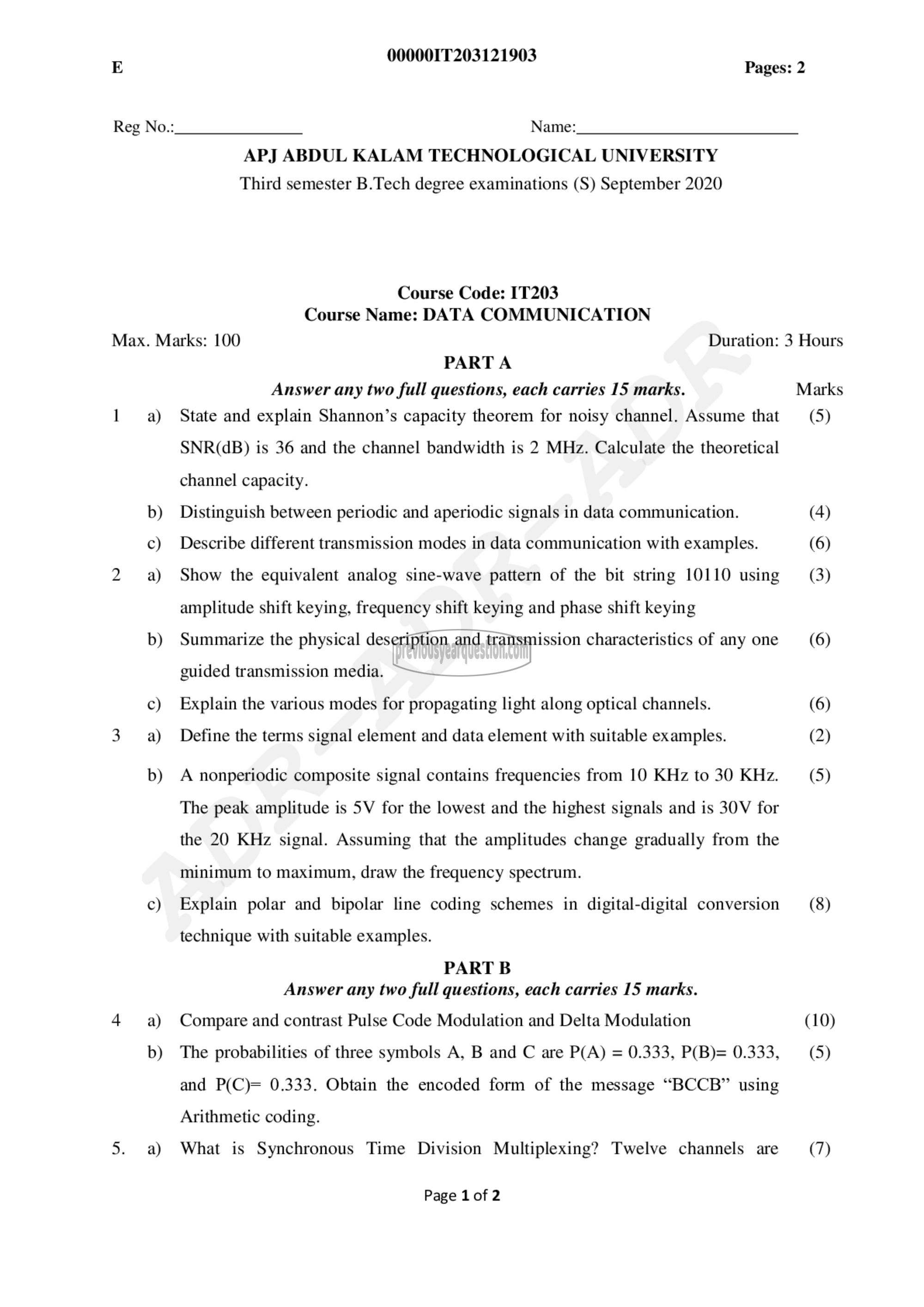 Question Paper - Data Communication-1