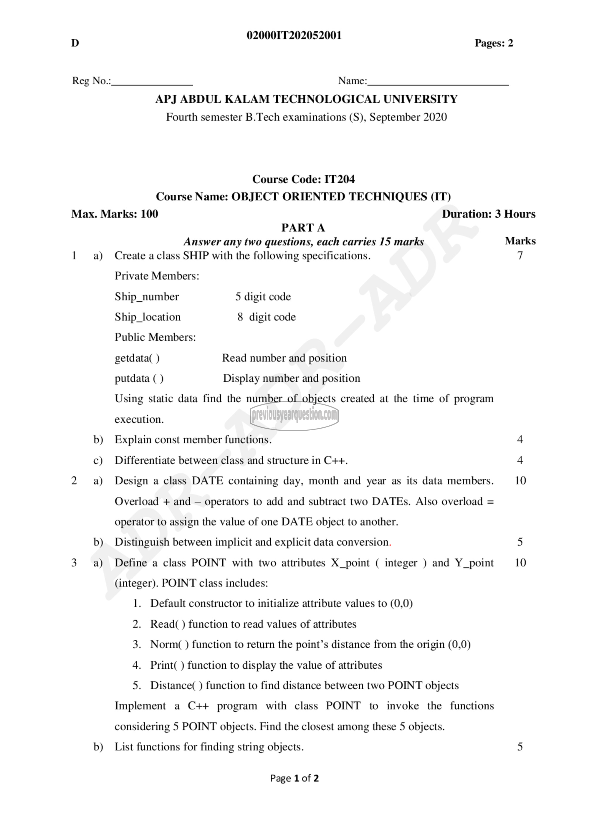 Question Paper - Object Oriented Techniques-1